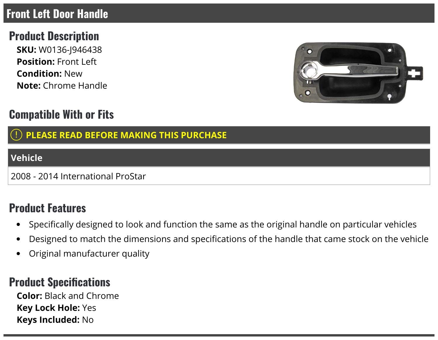 Chrome Front Left Door Handle Replacement for 2008-2014 International ProStar - Durable Exterior Truck Accessory for Semi & Heavy Duty Vehicles