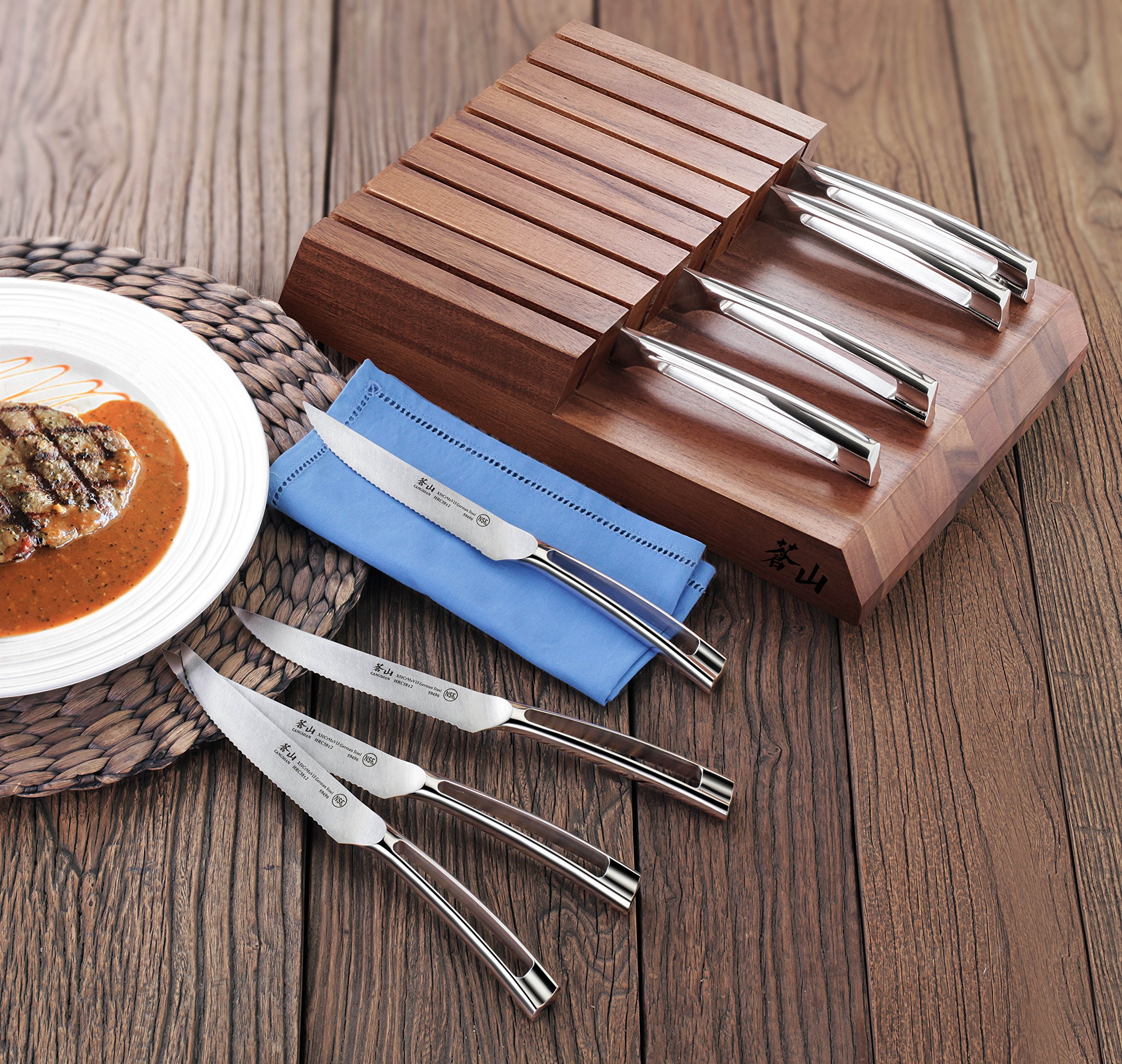 Premium Cangshan N1 Series 59496 8-Piece German Steel Forged Steak Knife Set with 5-Inch Blades & Acacia Wood Block - Perfect for Steak Dinners, BBQ Parties & Gourmet Cooking