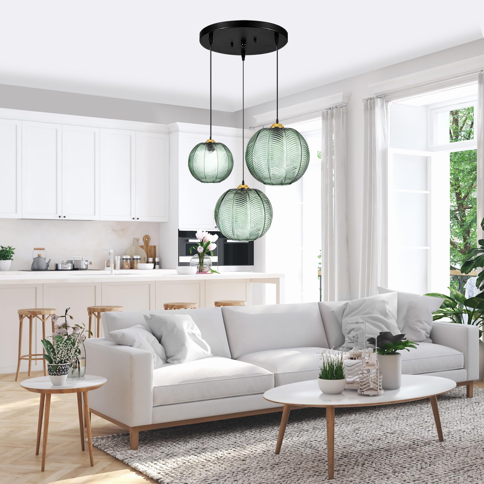 GXF 3 in 1 Green Glass Pendant Light Fixtures - E26 E27 Large Glass Chandelier with Ribbed Blown Glass Globe Shade - Mid Century Modern Hanging Ceiling Light for Living Room, Restaurant, Bar & Cafe Lighting Decor