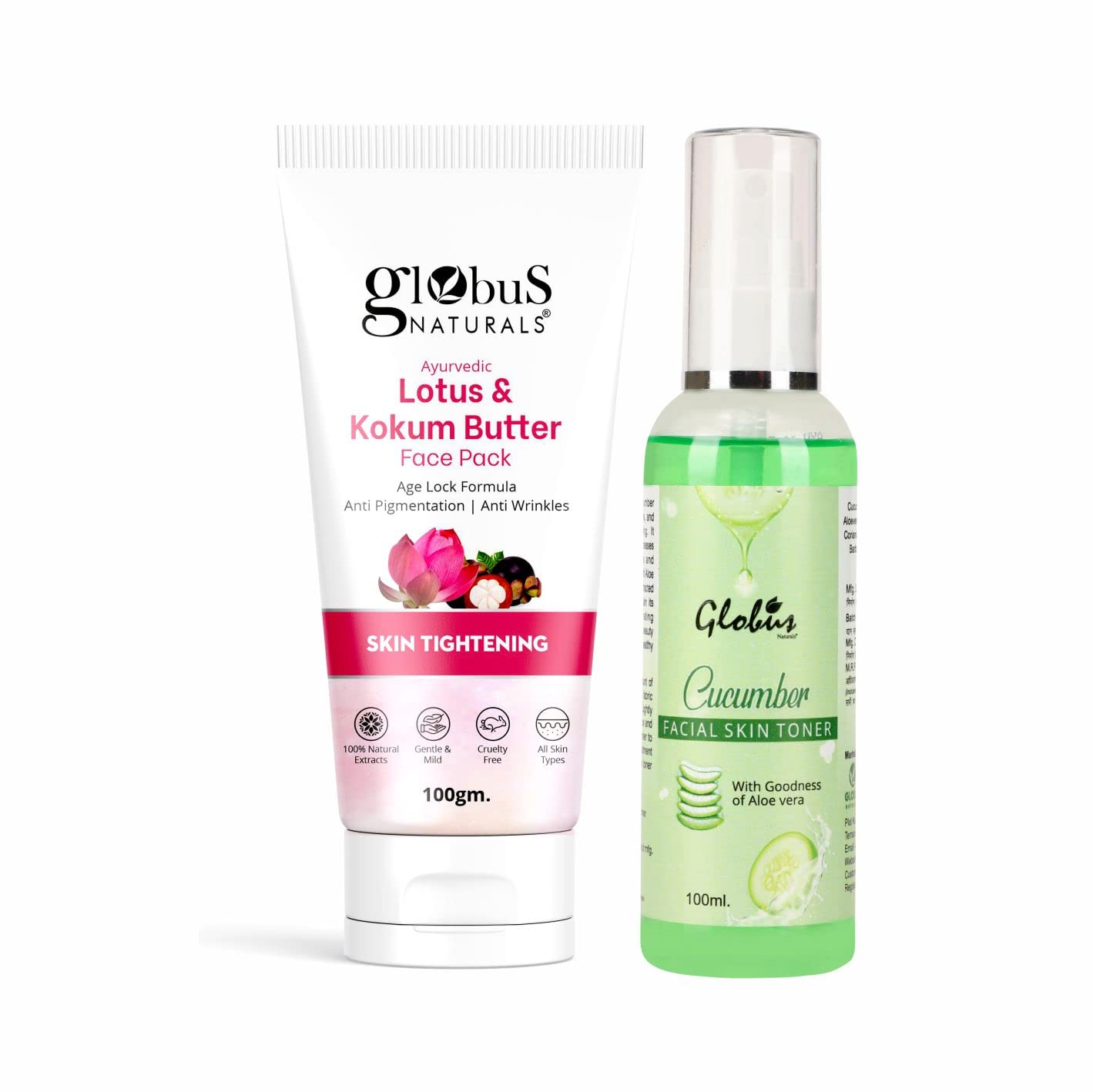 Globus Naturals Anti-Aging Combo Set - Lotus Kokum Butter Face Pack 100g & Cucumber Toner 100ml for Youthful Skin | Hydrating & Brightening Skincare Routine for Day & Night Use