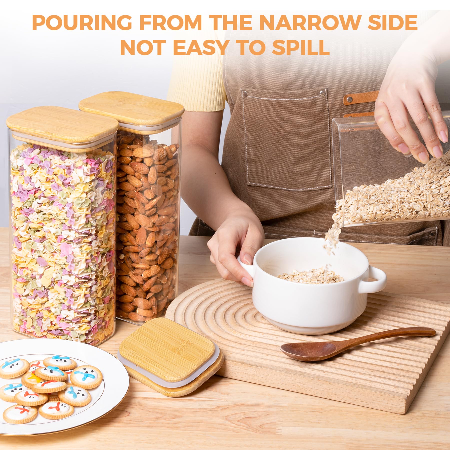 ComSaf 63oz Rectangle Glass Food Storage Containers with Bamboo Lids - Set of 3 Airtight Pantry Organizers for Flour, Pasta, Coffee Beans - Perfect for Kitchen, Baking & Meal Prep Organization