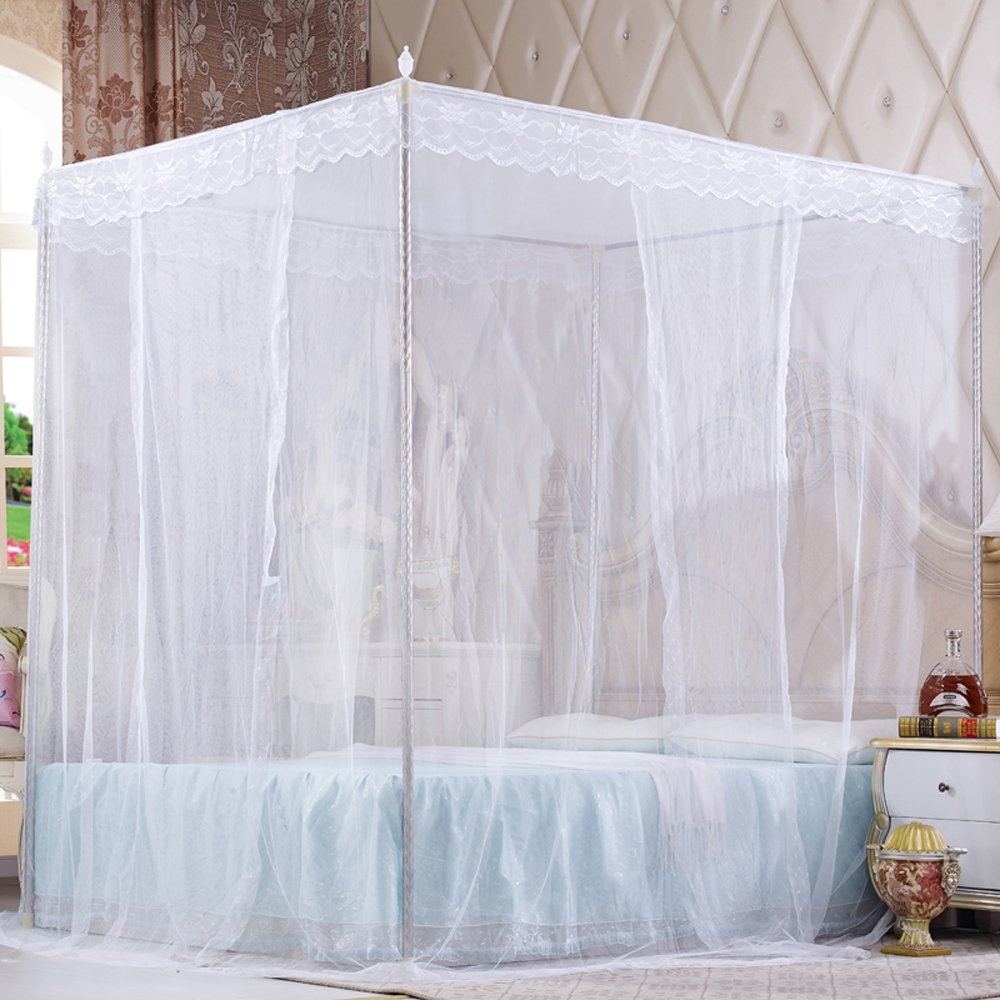 Elegant Nattey 4 Corners Canopy Bed Curtains - Princess Style Bed Netting for Girls & Adults - King Size White Bed Canopy - Perfect for Bedroom Decor, Romantic Nights & Boho Chic Style