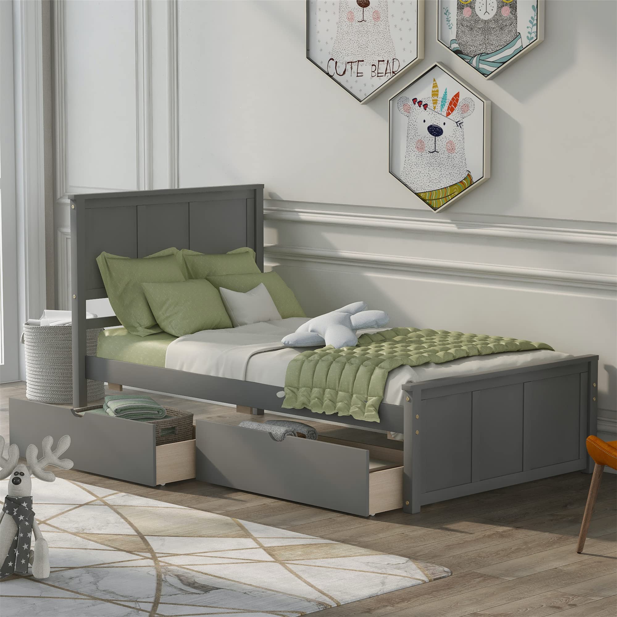 Harper & Bright Designs Twin Bed Frame with Drawers - Solid Wood Platform Bed for Kids with Storage, No Box Spring Needed, Grey - Perfect for Small Bedrooms, Guest Rooms & Kids' Rooms (Space-Saving Solution)