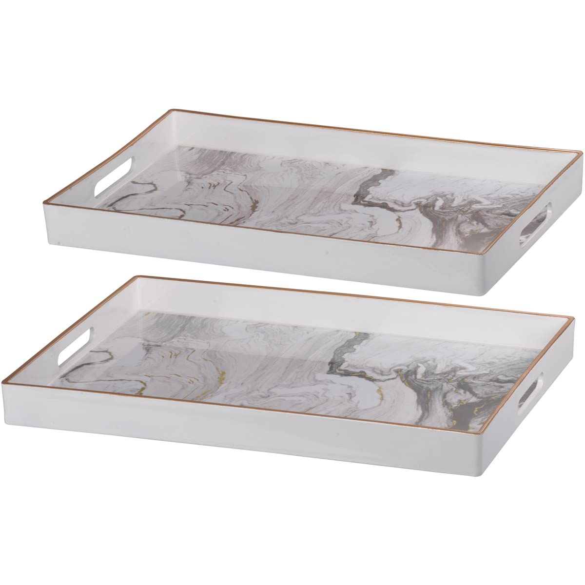 A&B Home Decorative Marble Pattern Plastic Serving Tray with Handles - Set of 2 Large White Trays for Coffee Table, Ottoman, Couch & Perfume Display | Perfect for Living Room, Bedroom & Bathroom Organization