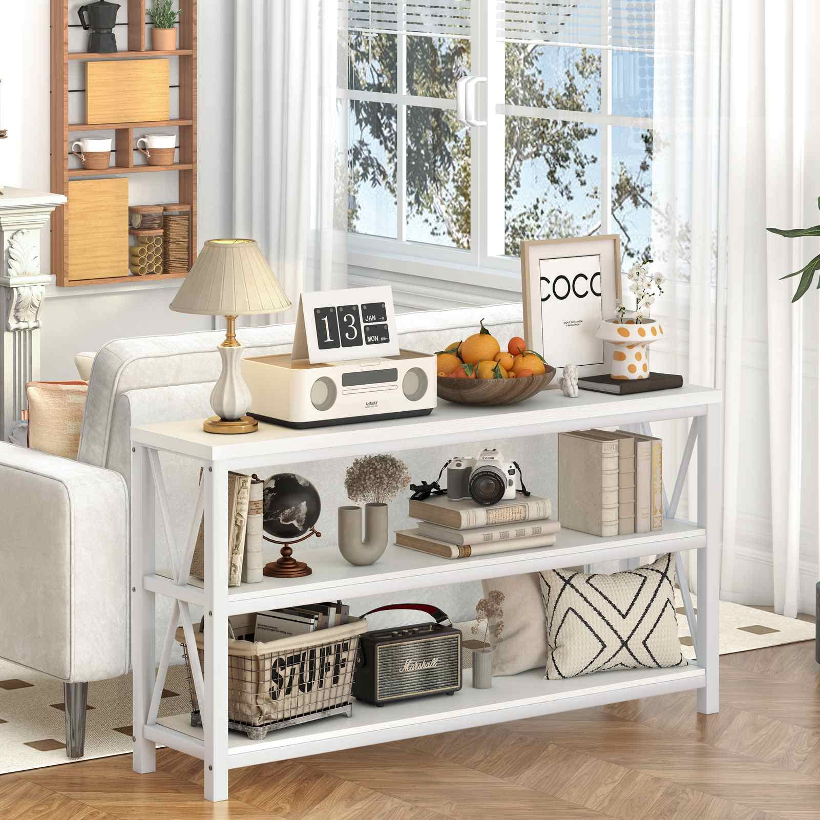 FATORRI 55 Inch Rustic White Oak Console Table with 3 Tier Shelves - Entryway Sofa Table, Modern Hallway & Living Room Furniture for Home Decor | Perfect for Small Spaces, Apartments & Farmhouse Style