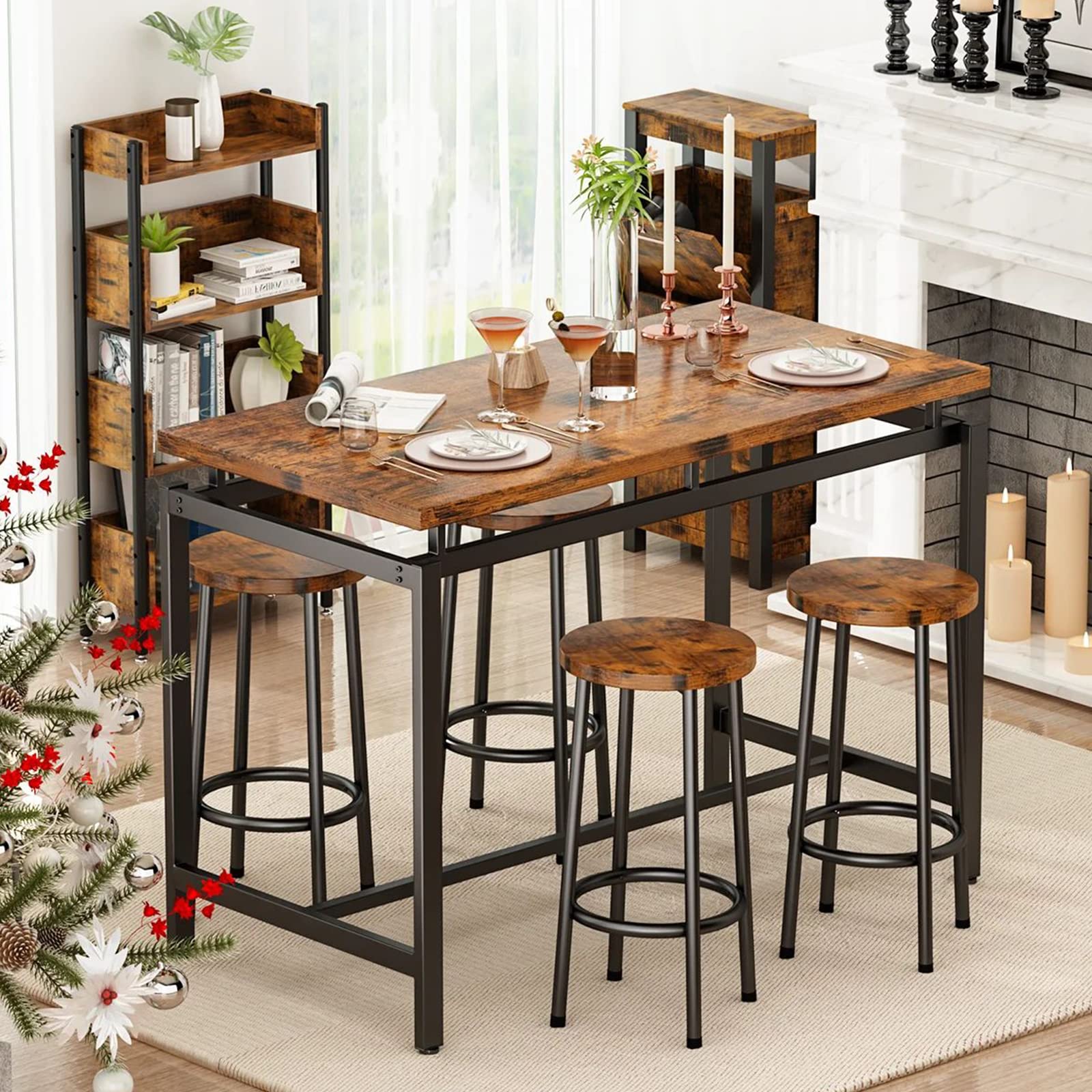 Modern 5-Piece Industrial Bar Height Dining Table Set for 4 - Kitchen & Pub Table with 4 Chairs - Space-Saving Breakfast Nook & Small Apartment Furniture - Perfect for Compact Dining Rooms, Kitchens & Entertainment Areas