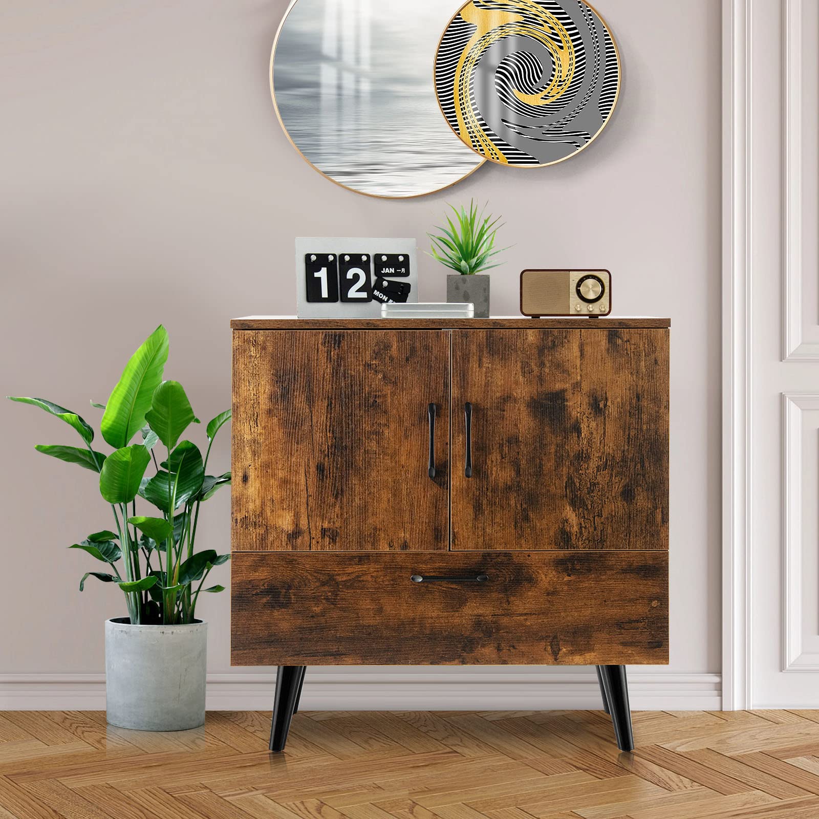 Giantex Rustic Brown Storage Cabinet - Freestanding Buffet Sideboard with Doors & Pull-Out Drawer | Entryway, Living Room, Dining Room, Bathroom Storage Solution | Accent Cabinet for Home Organization & Decor