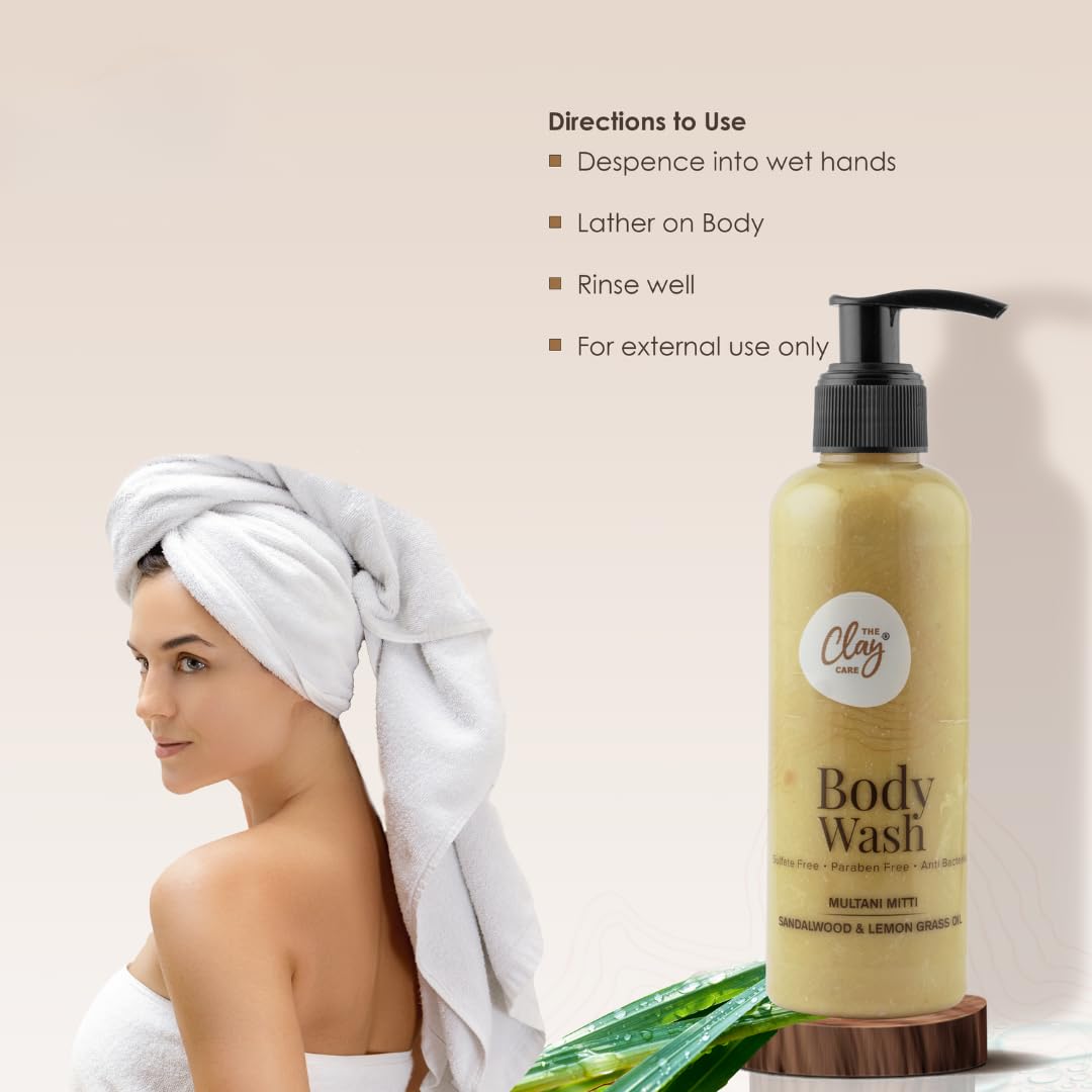 **Clay Care - Antibacterial Body Wash with Multani Mitti (Fuller Earth), Sandalwood & Lemongrass Oil | Natural, Sulfate-Free, Vegan, Paraben-Free, Cruelty-Free | For All Skin Types - Men & Women | 200 ml | Deep Cleansing for Acne-Prone & Oily Skin**