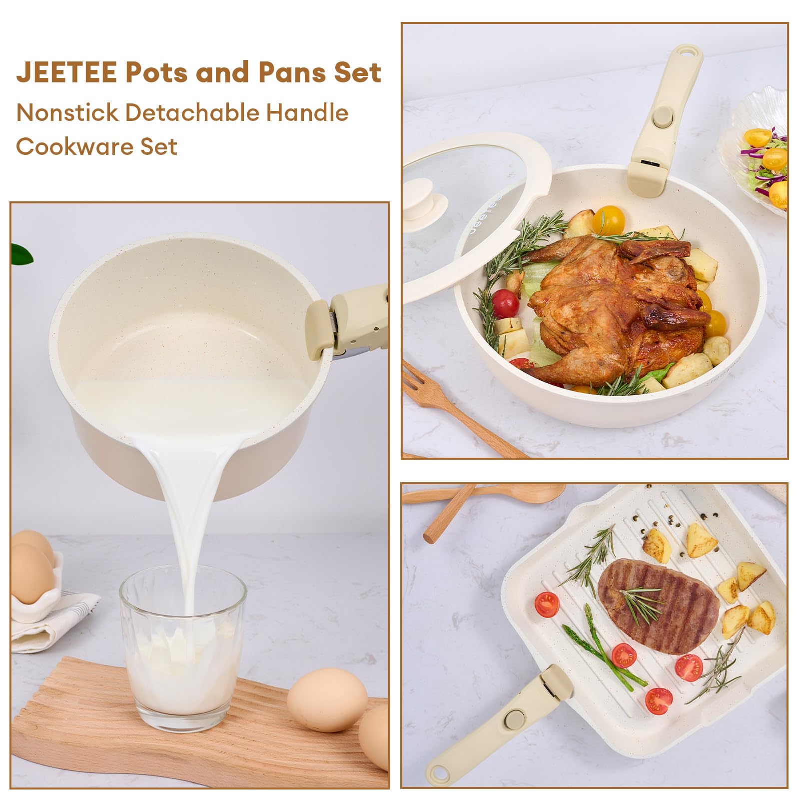 **JEETEE 25-Piece Non-Stick Cookware Set with Removable Handles – Induction Compatible, Oven & RV Safe, PFOA-Free (Beige) – Perfect for Camping, Small Kitchens & RVs**