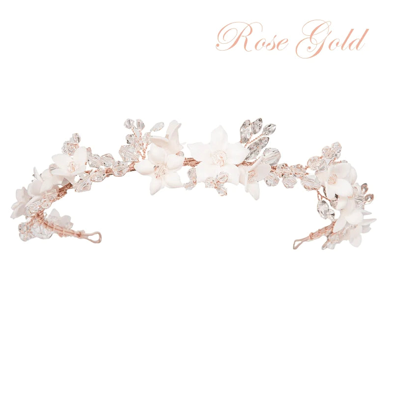 Rose Gold Floral Wedding Headband with Crystals - Elegant Bridal Hair Accessory for Weddings, Prom, and Special Occasions