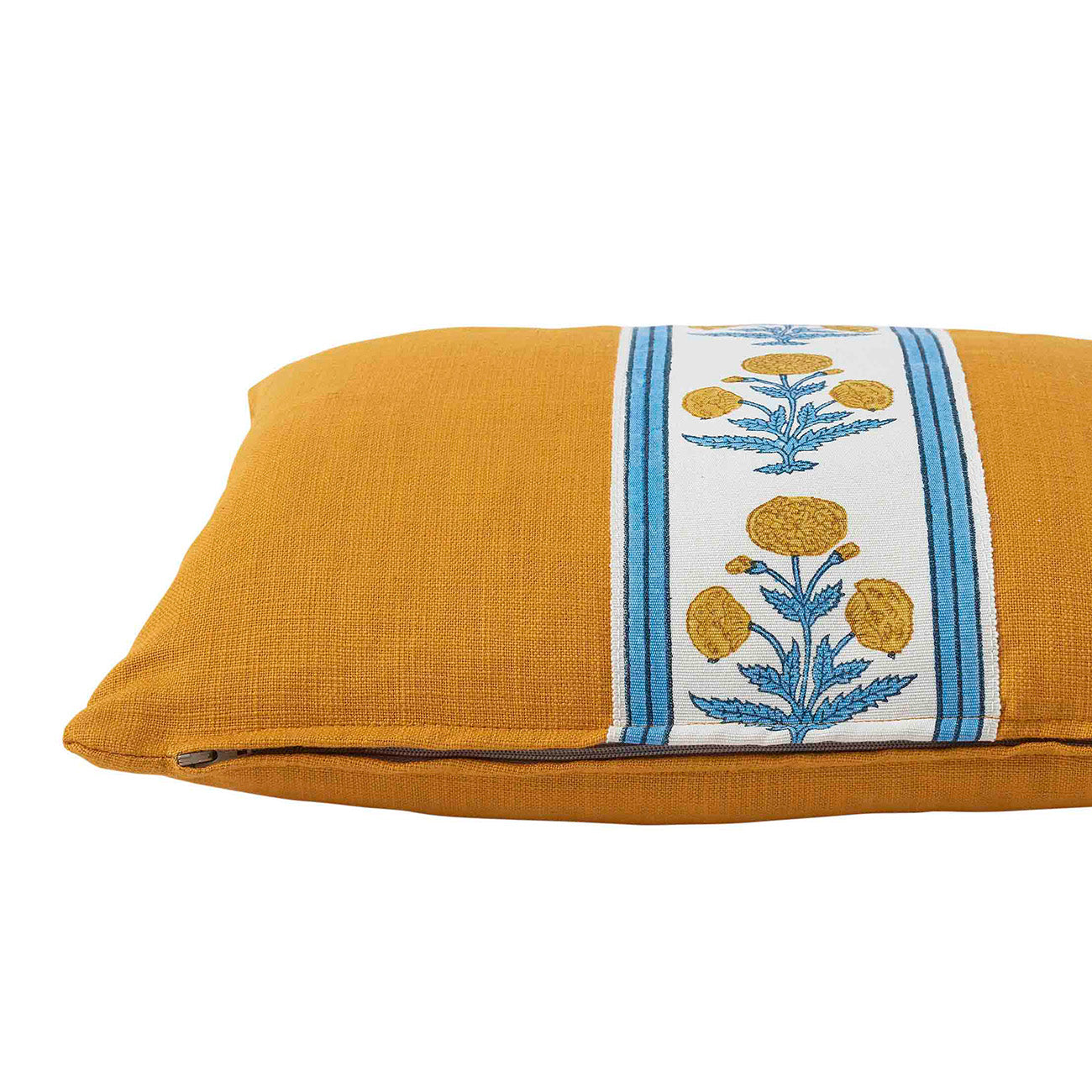 Organic Turmeric Cotton Cushion with Poppy Blue/Yellow Tape - Soft Boho Home Decor for Living Room, Bedroom, or Nursery