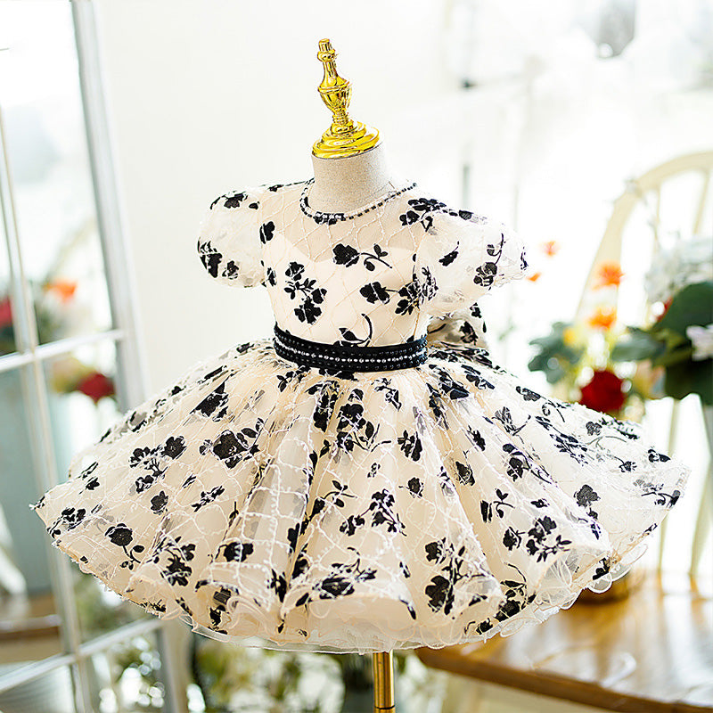 **Baby Girl Summer Princess Dress - Toddler Pageant Gown with Puffy Sleeves & Floral Print - Perfect for Birthday Parties, Pageants & Special Occasions**