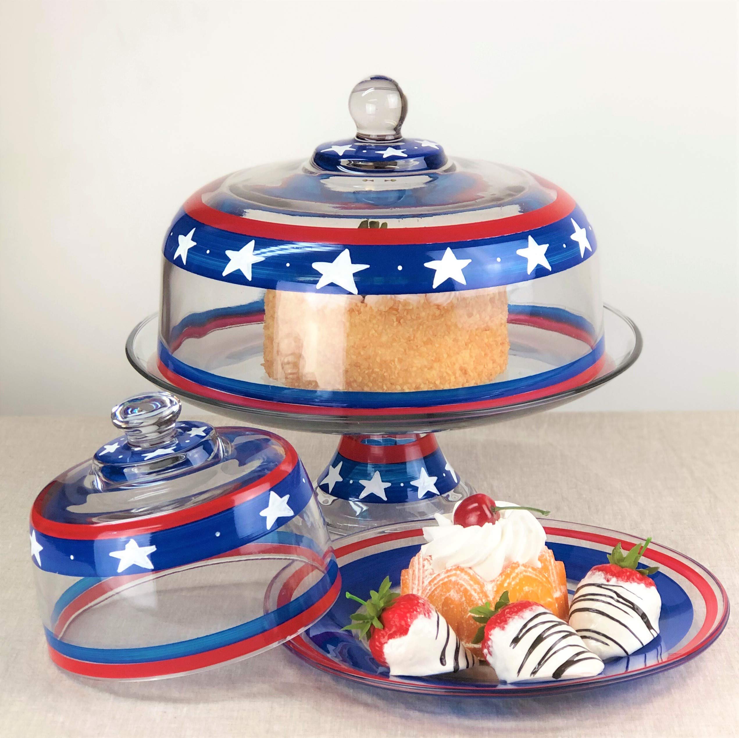 Hand Painted Patriotic Cake Stand with Glass Cover - July 4th Kitchen Decor | Unique American-Made Glassware for Weddings, Parties & Holiday Dessert Displays