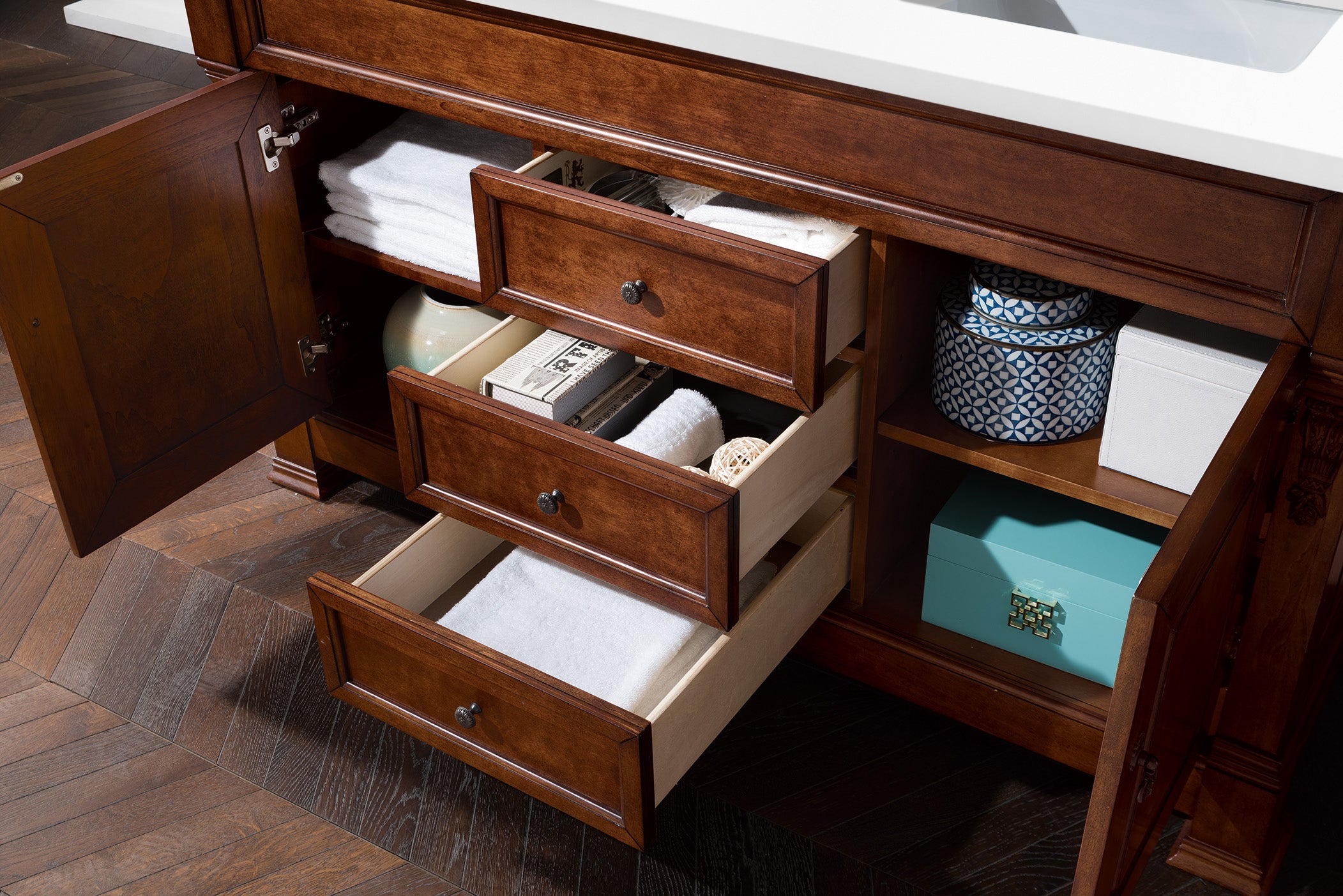 Brookfield 60-Inch Double Vanity with Warm Cherry Finish & 3CM White Zeus Quartz Countertop - Perfect for Master Bathroom & Luxury Home Renovation