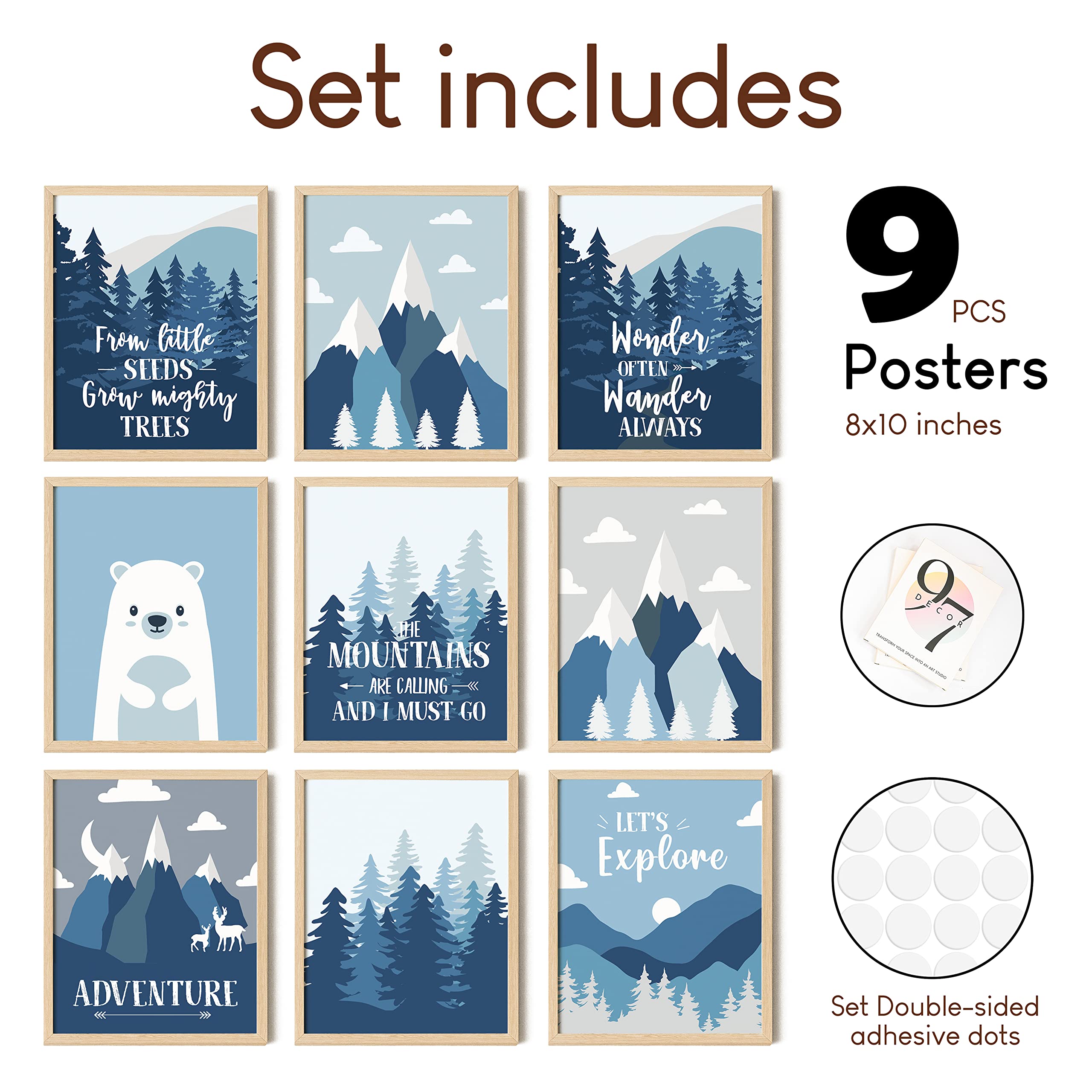 Adventure Wall Decor for Nursery & Kids Room - Mountain Themed Art Prints with Inspirational Quote, 8x10 UNFRAMED - Perfect for Baby Boy Bedroom, Classroom Decor & Outdoor Adventure Theme