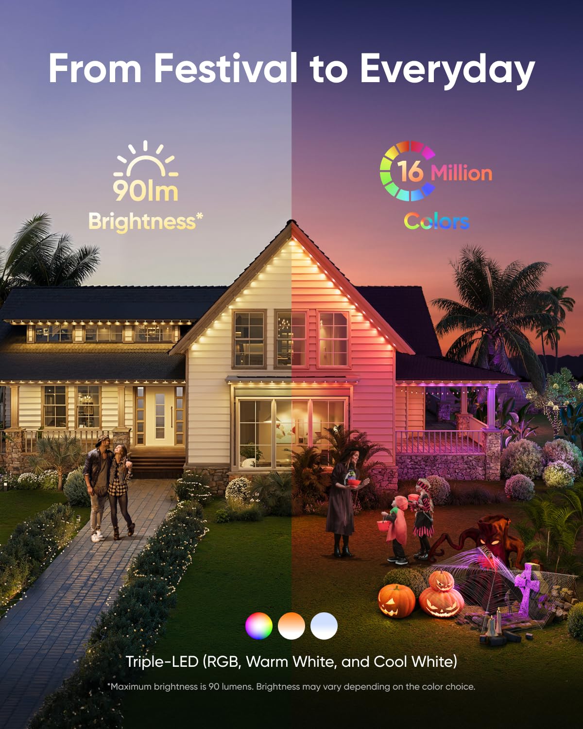 eufy Permanent Outdoor Lights E22 - 50ft Smart RGBWW Christmas Lights with 30 Triple-LEDs, IP67 Waterproof, AI Lighting Themes - Perfect for Holiday Decorations, Home Security Linking with Cameras (Ideal for Christmas, Halloween, and Year-Round Outdoor Lighting)