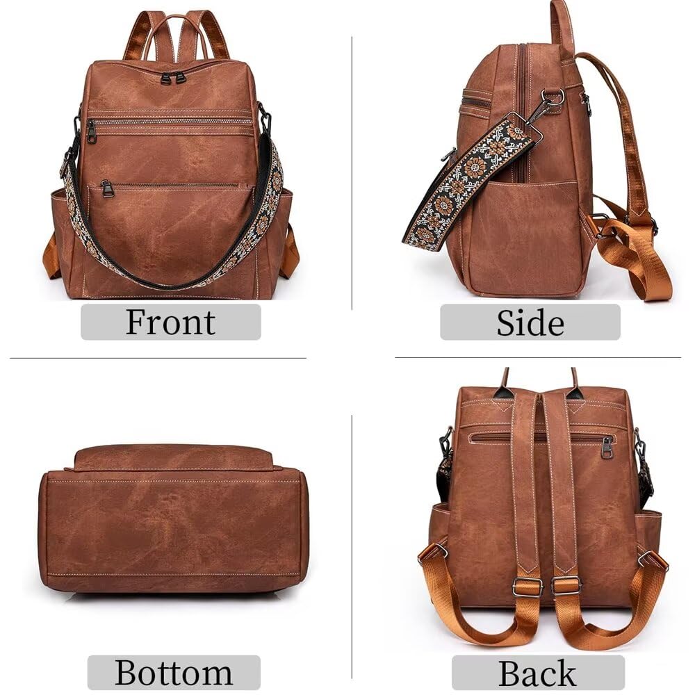 Stylish Vegan PU Leather Backpack for Women - Large Anti-Theft School & Travel Rucksack - Waterproof Shoulder Bag for Hiking, Work & Daily Commute - Fashionable Brown Handbag