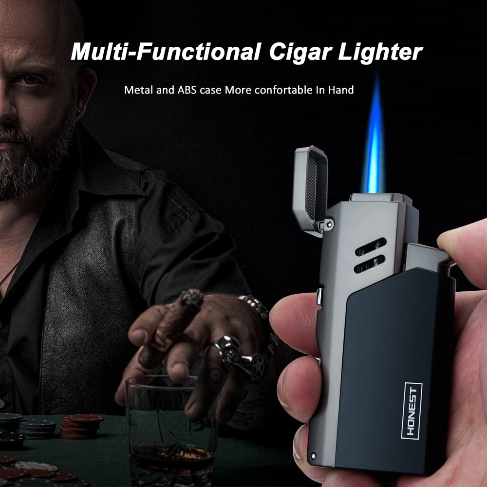 Jet Torch Cigar Lighter - Adjustable Butane Refillable for Outdoor & Cigars (Black)