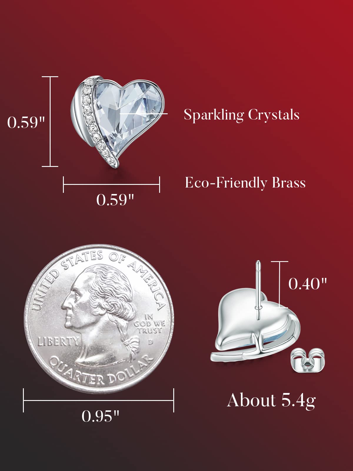 Rose Gold Plated Love Heart Stud Earrings for Women - Austrian Crystal Embellished Jewelry Gift for Mom, Wife, Girlfriend | Valentine's Day, Anniversary, Birthday Gift Idea