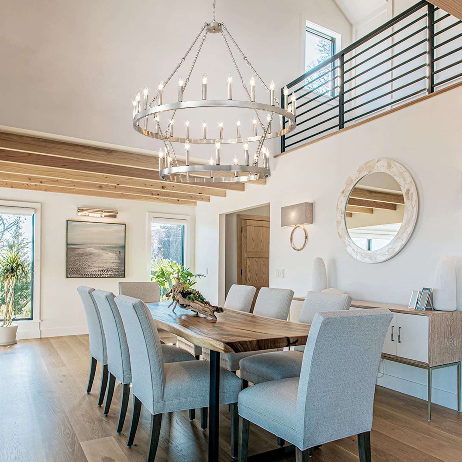 Extra Large 48 Inch HHR 2-Tier Wagon Wheel Chandelier - 36-Light Rustic Farmhouse Pendant Light in Nickel Finish for High Ceilings | Perfect for Dining Rooms, Living Rooms & Offices (E12 Base) | Creates Warm Ambiance for Farmhouse Weddings & Rustic Home Decor