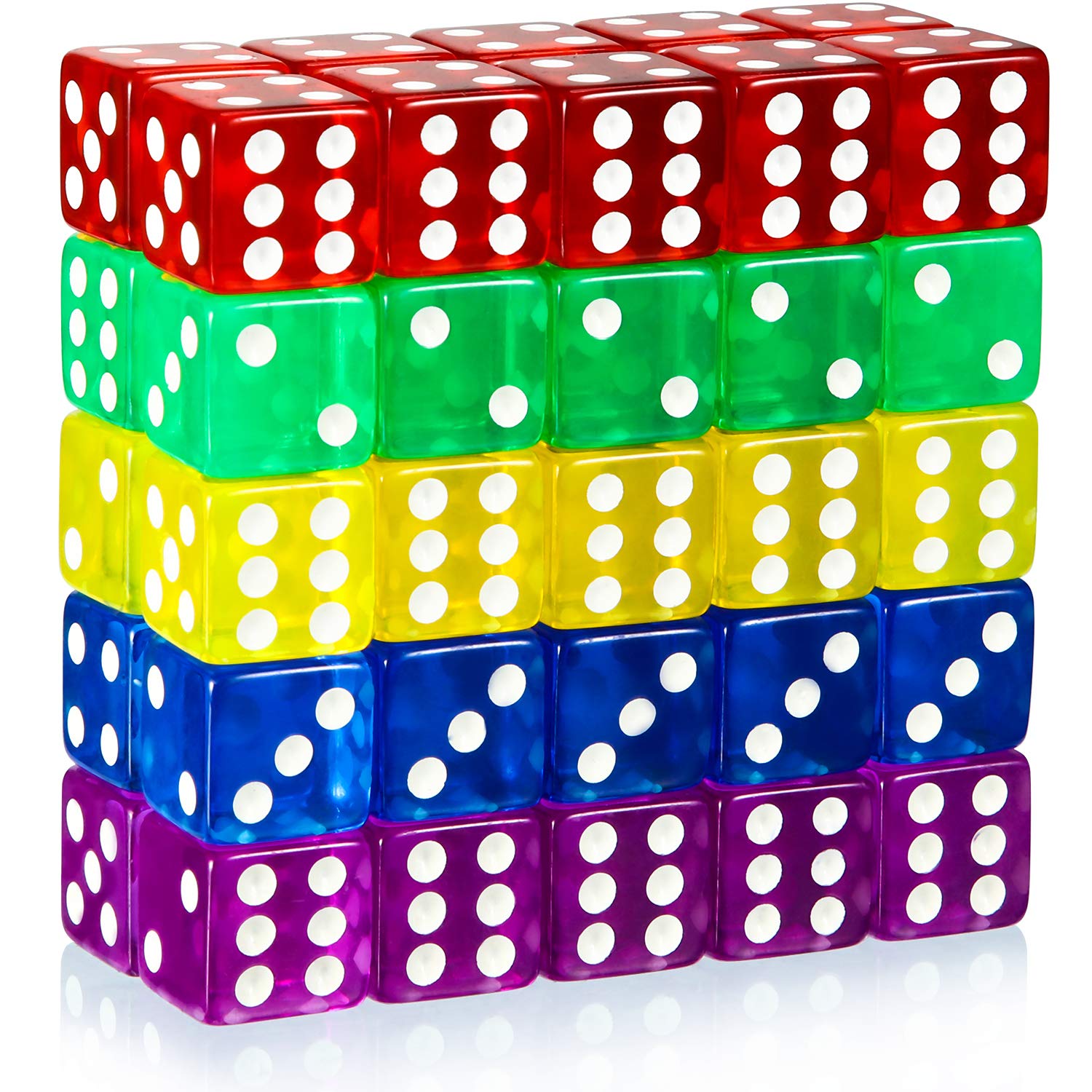 50-Piece 6-Sided Game Dice Set - Multi-Colored Dice with Black Velvet Pouches for Board Games, Math Competitions, Casino Nights & Party Favors (Purple, Blue, Green, Red, Yellow, Clear Square Edge) - Perfect for D&D, Yahtzee, Classroom Activities & Family Game Nights