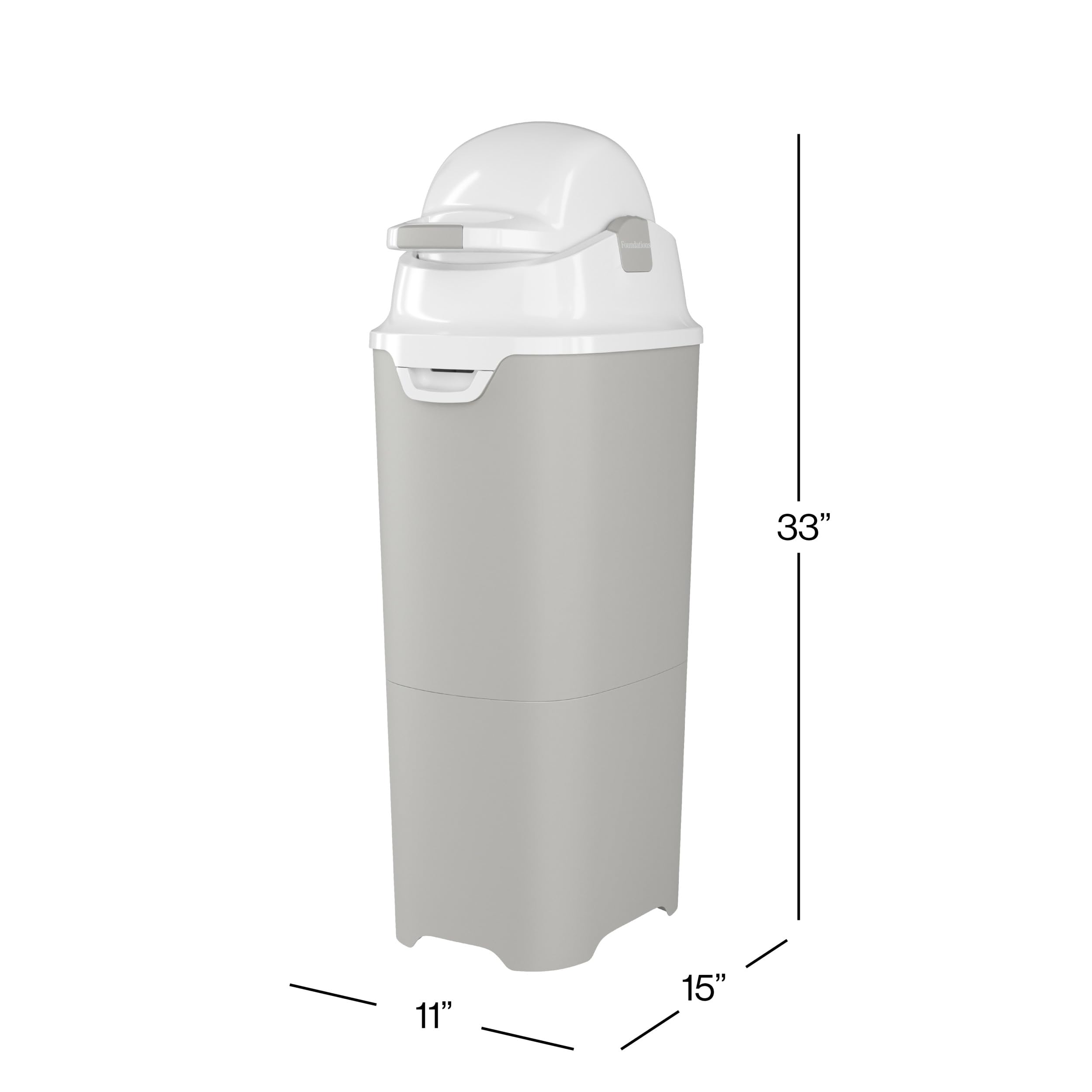 Foundations Tall Diaper Pail with Airtight Lid - Large Capacity Odorless Diaper Disposal System Holds 60+ Newborn Diapers, Durable & Refillable with Any Bags (Gray) - Perfect for Nursery, Baby Room & Diaper Changing Stations