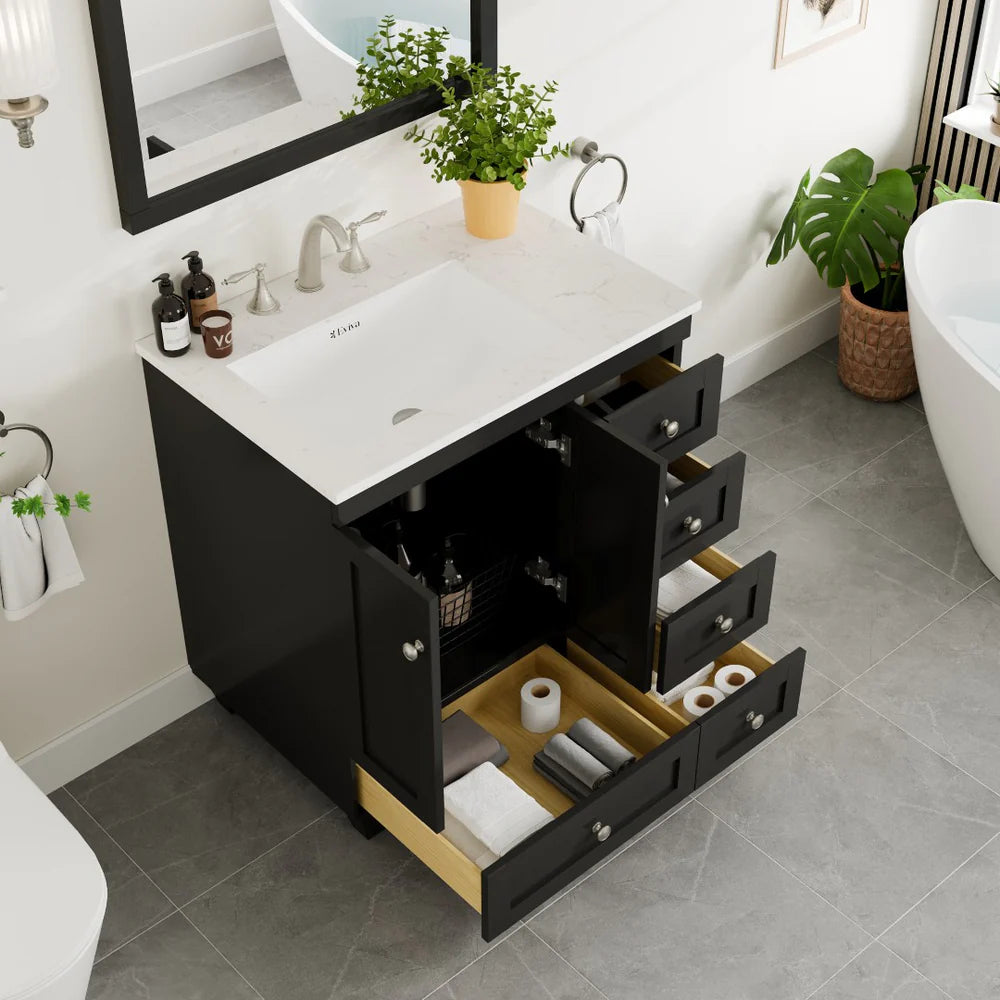 Eviva Acclaim 30 Inch Bathroom Vanity with Carrara Quartz Countertop - Modern White Bathroom Sink Cabinet for Small Spaces, Perfect for Powder Rooms and Guest Bathrooms