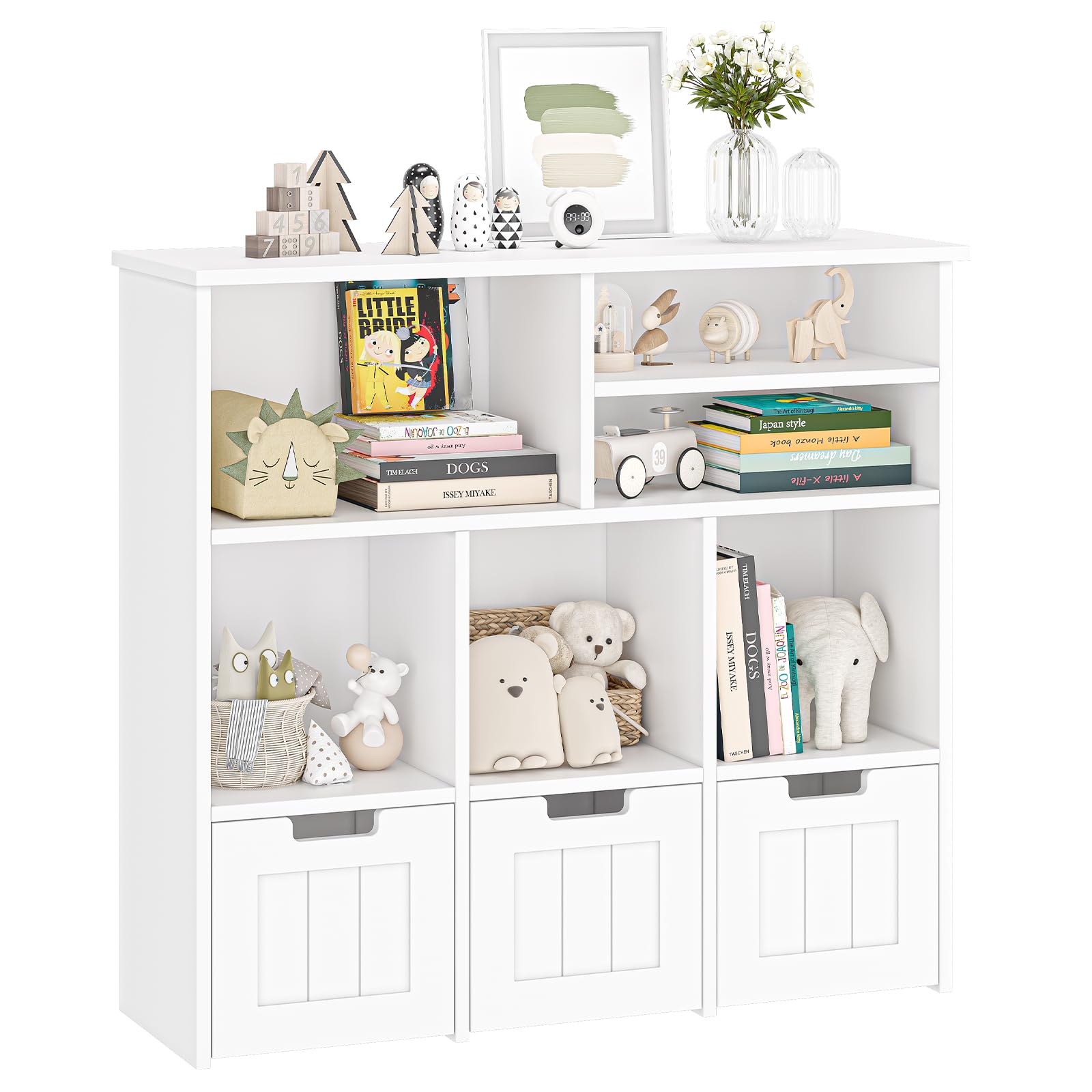 3-Tier Kids Toy Storage Organizer with Movable Drawers & Hidden Wheels - Multifunctional Bookshelf Cabinet for Nursery, Playroom, Bedroom - Perfect for Organizing Toys, Books & Kids Essentials (White)