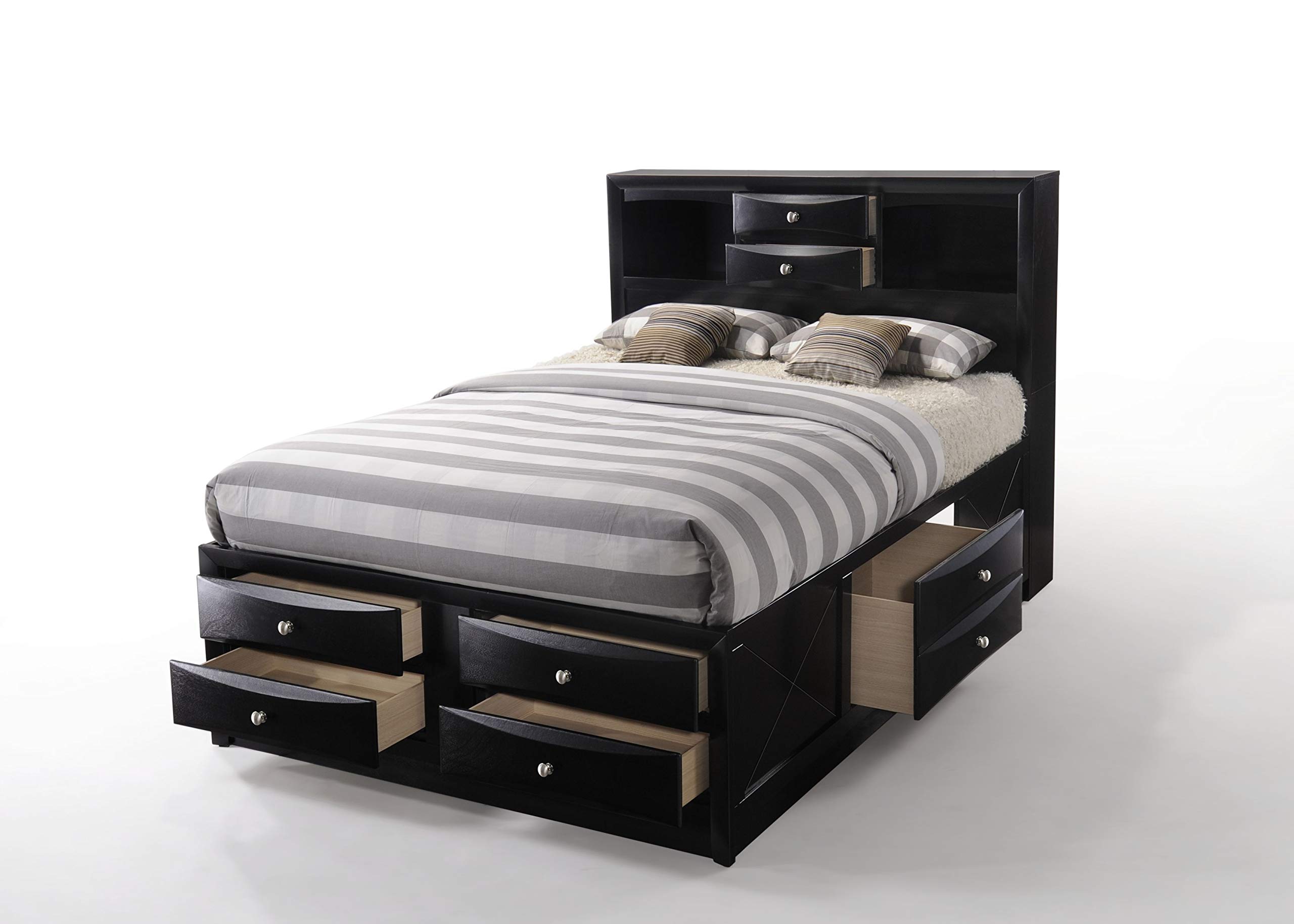 Elountik Solid Wood Bed Frame with Storage Drawers & Headboard Shelf - Full Size Platform Bed for Master & Guest Bedrooms (Black) | Space-Saving Storage Solution & Modern Bedroom Furniture for Small Spaces