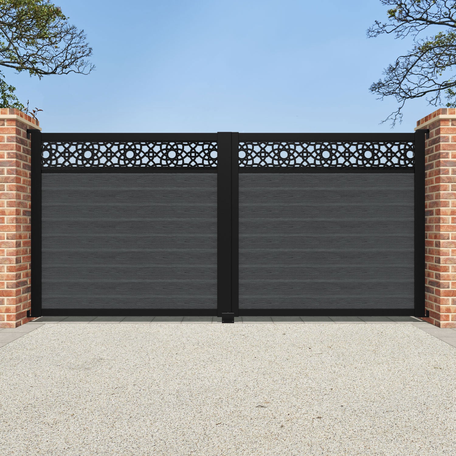 Classic Ambar Straight Top Driveway Gate - Dark Grey Powder Coated Steel with Decorative Top Screen | Durable Outdoor Security Fence for Home, Garden & Commercial Properties