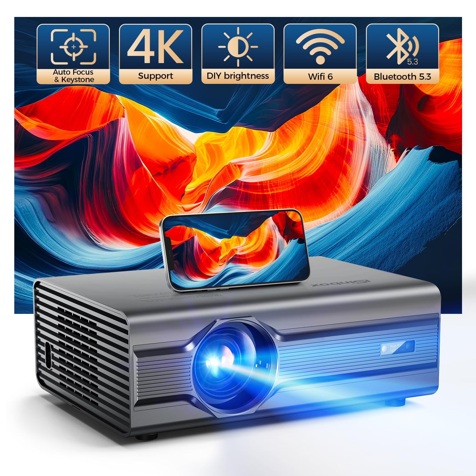 4K WiFi 6 Bluetooth 5.2 Projector - 850ANSI 1080P Outdoor Movie Projector with Auto Focus & Vertical Keystone - Compatible with iOS/Android/TV Stick - Perfect for Home Theater, Backyard Movies, and Presentations