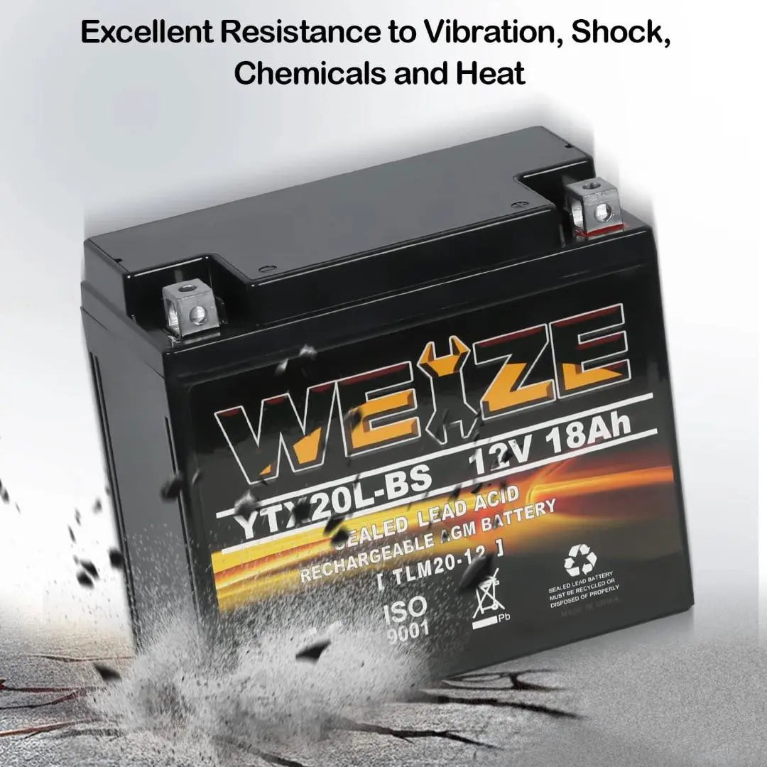 WEIZE YTX20L BS 12V 18Ah High Performance AGM Motorcycle Battery - Maintenance Free, Sealed, Powersports Battery for Motorcycle, ATV, UTV, Snowmobile - Perfect for Off-Road Adventures & Extreme Weather Conditions