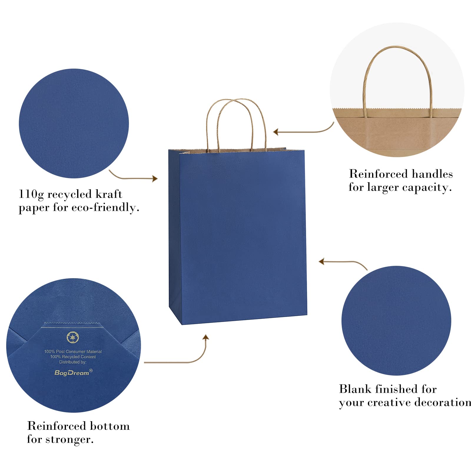 50Pcs Navy Blue Kraft Gift Bags with Handles 8x4.25x10.5 Inches - Bulk Paper Shopping Bags for Retail, Parties, Weddings & Birthday Gifts | Eco-Friendly & Durable Packaging Solution