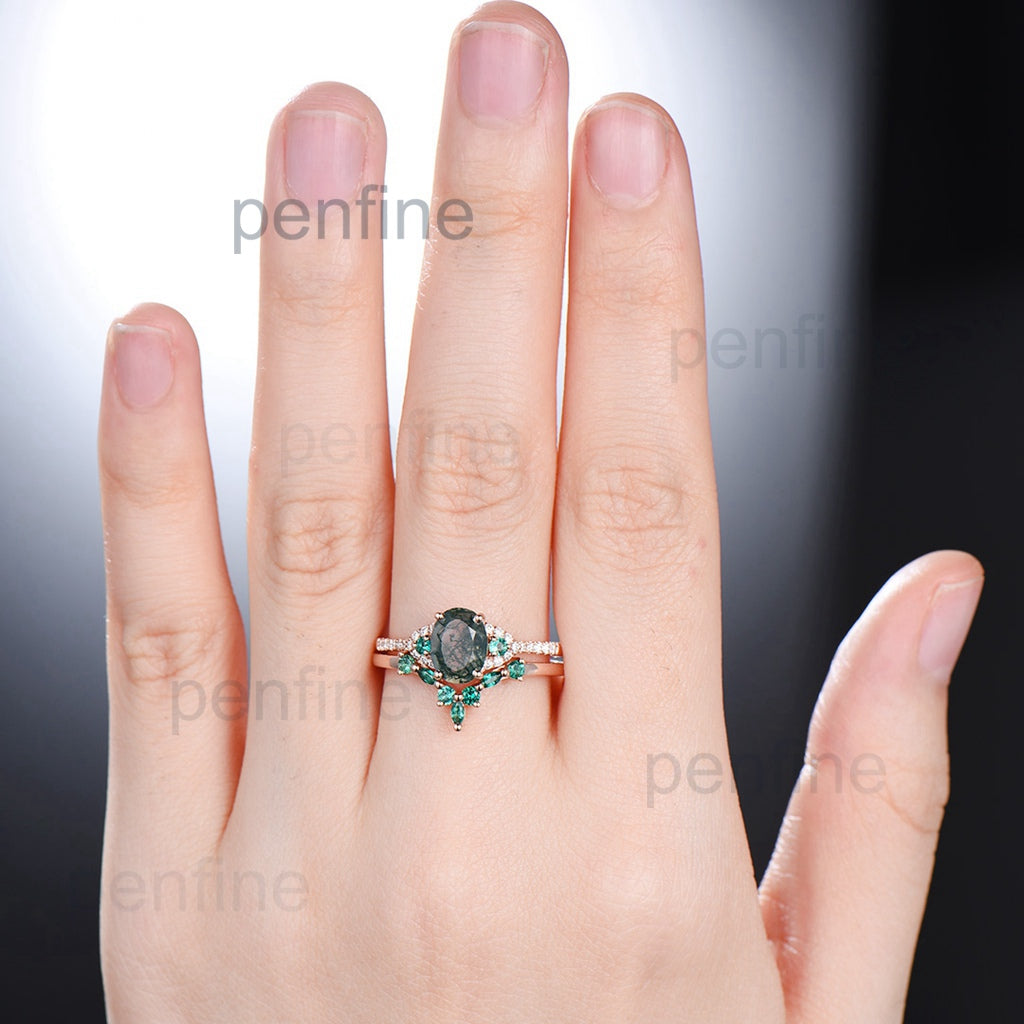 Elegant Moss Agate Ring Set - Vintage Green Stone Wedding Ring for Women, Unique Moss Agate Engagement Ring Bridal Set, Emerald Anniversary Gift - Perfect for Bridal Jewelry, Wedding Bands & Special Occasion Gifts