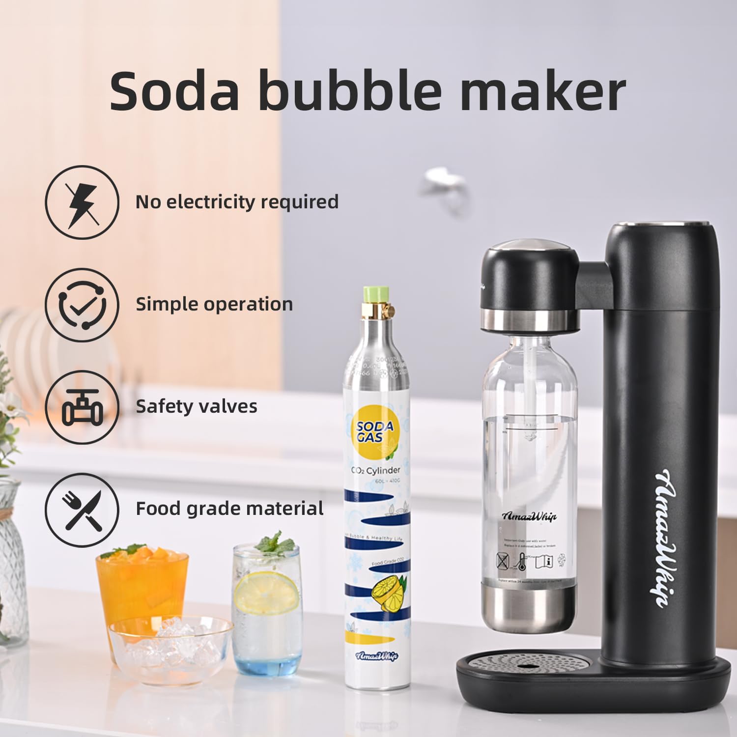 Premium Sparkling Water Maker Machine with CO2 Gas Canisters & 1L Water Bottles - Home Carbonated Drink Maker for Healthy Soda, Sparkling Juice & Cocktails (Black, Includes 2 Canisters) - Perfect for Kitchen, Office, Parties & Home Bar Use