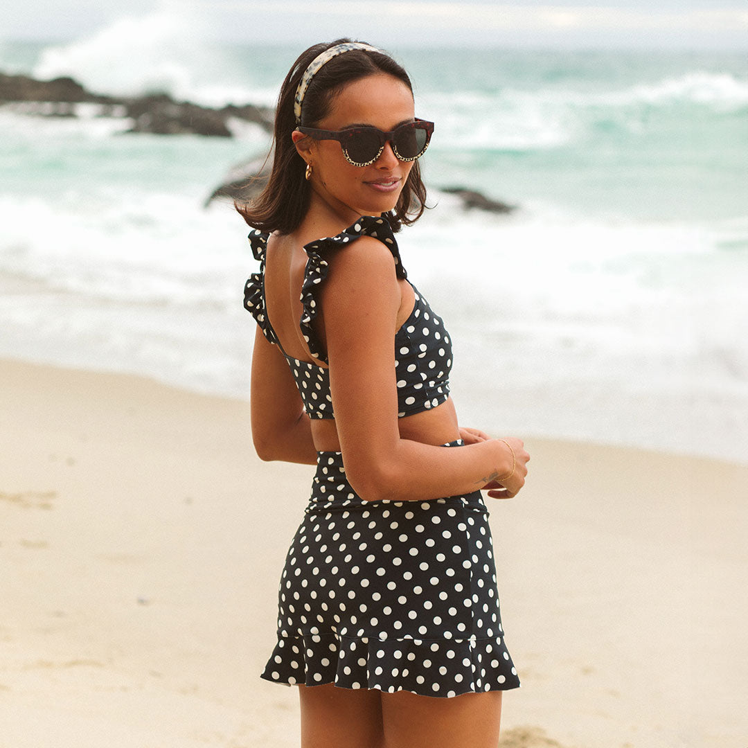 Black Polka Dot High Waisted Swim Skirt - Women's Retro Bathing Suit Bottom with Lining | Perfect for Beach, Pool & Vacation Wear