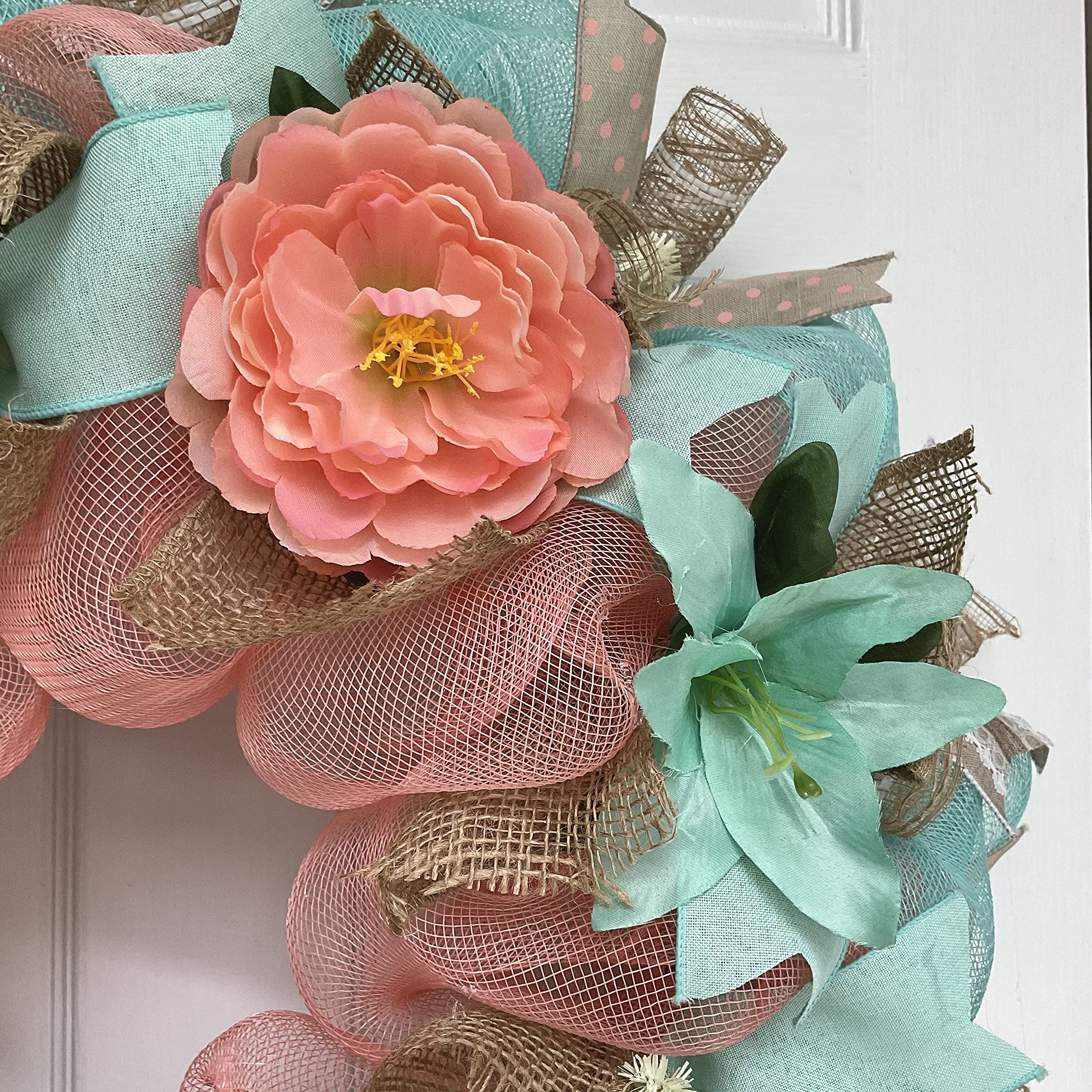 Handmade Melon & Mint Spring Floral Deco Mesh Wreath - Perfect for Front Door Decor, Easter Home Decorations, and Seasonal Wall Hangings