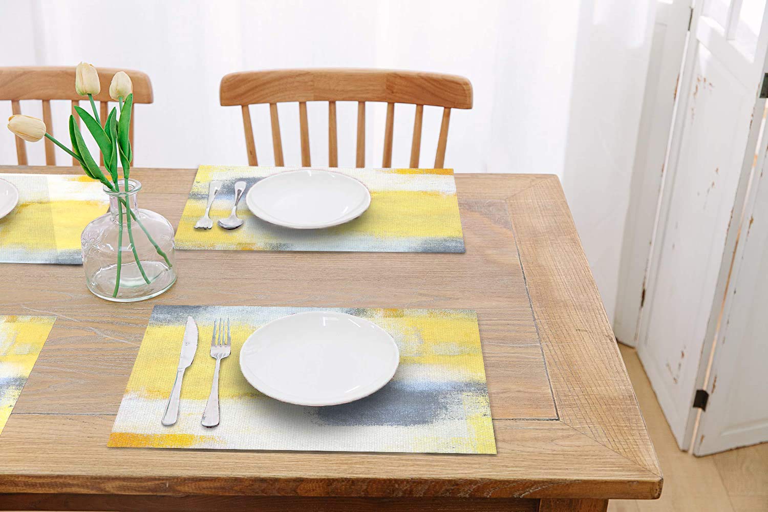 Modern Abstract Art Placemats Set of 4 - Non-Slip Dining Table Mats for Home & Cafe - Yellow Waterproof Placemats for Kitchen, Restaurant, and Party Decor