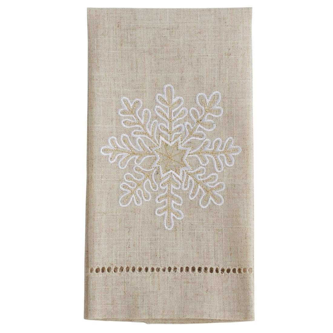 Fennco Styles Snowflake Embroidered Linen-Polyester Guest Towels Set of 4 (14x22 Inch) - Natural Modern Hand Towels for Bathroom, Bar & Wedding Gifts | Perfect for Guest Bathrooms, Bridal Showers & Holiday Decor