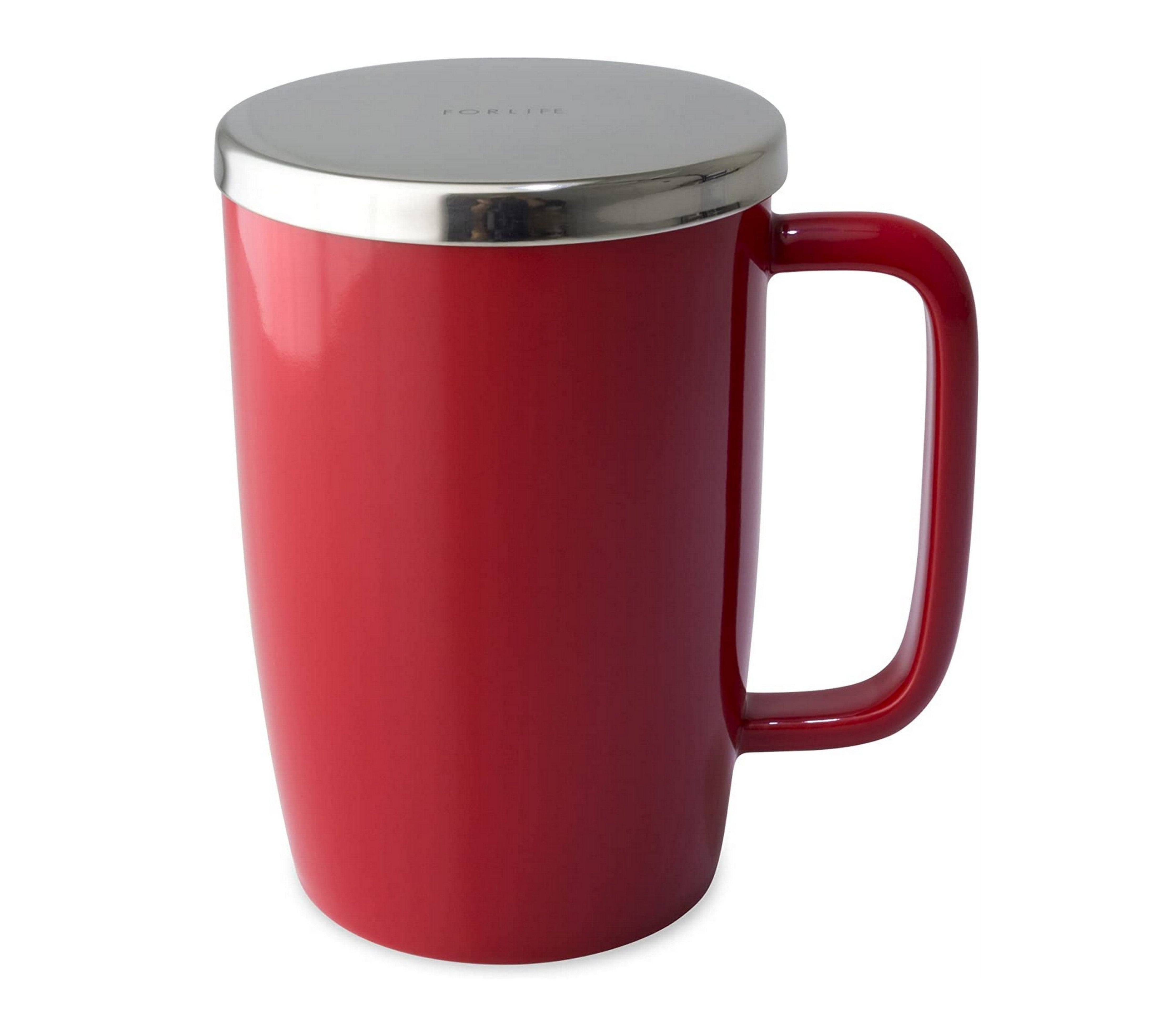 FORLIFE Dew Glossy Finish Tea Infuser Mug with Removable Basket & Mirror Stainless Steel Lid - 18oz Red - Perfect for Loose Leaf Tea Brewing at Home, Office or Gifts