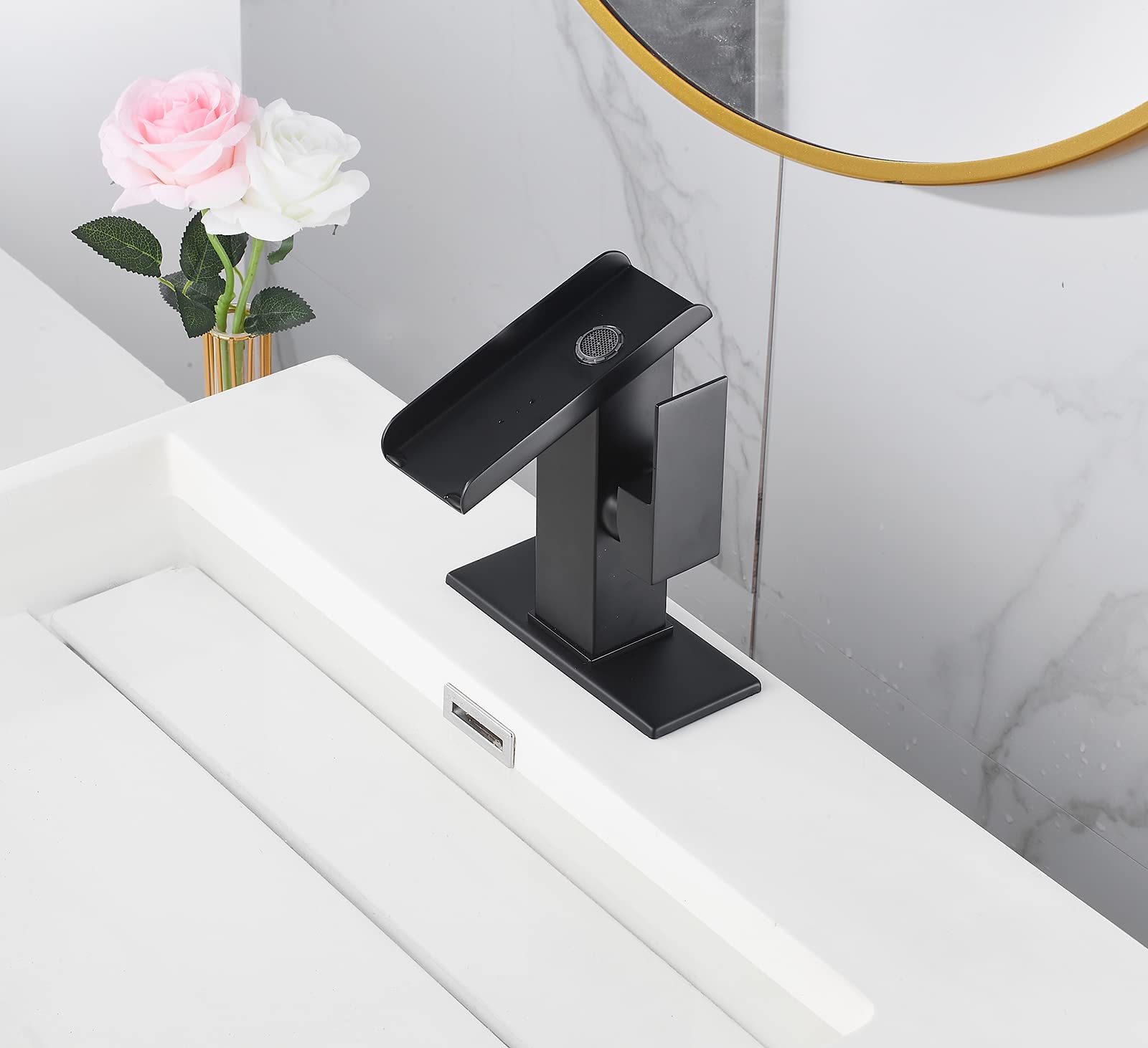Black Bathroom Faucet with Pop Up Drain - Waterfall Spout Single Hole Mount, 1-Handle Design & 2 Water Supply Hoses - Modern Sleek Sink Faucet for Bathroom Vanity, Powder Room & Guest Bath Installation
