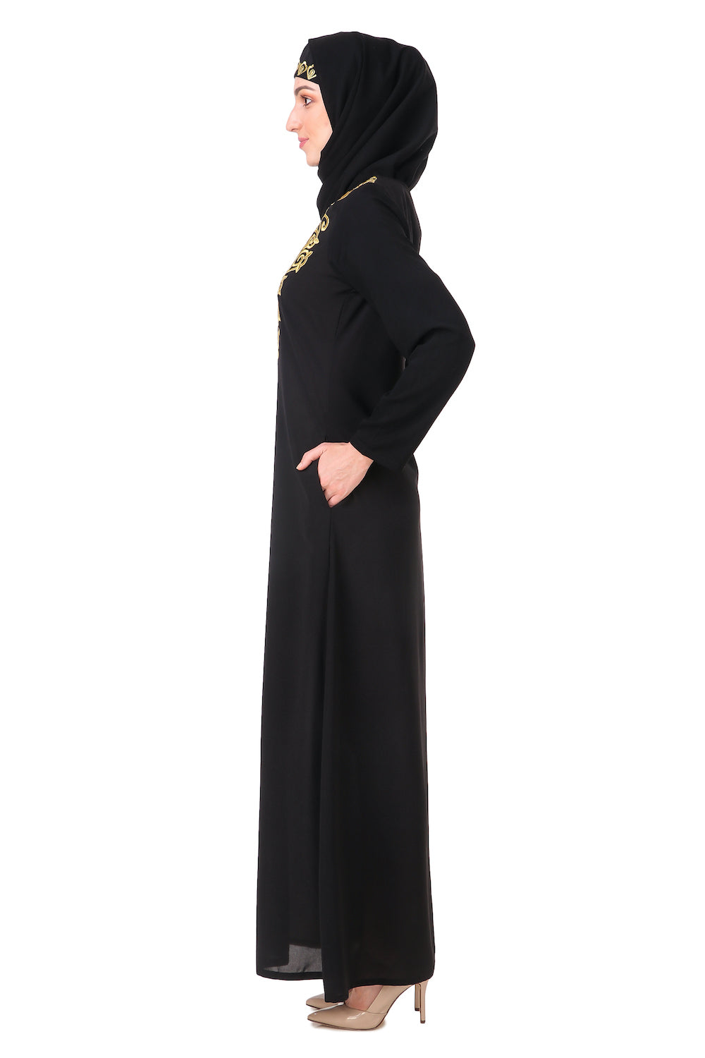 Gold Hand Embroidered Elegant Abaya Dress AY 806 - Perfect for Weddings, Parties & Special Occasions