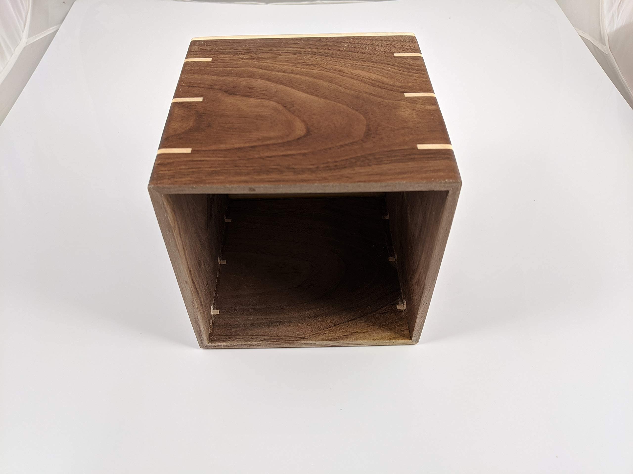 Handmade Custom Tissue Box Cover - Solid Tiger Maple Top & Texas Black Walnut Sides with Maple Splines - Boutique Square Cube Style - Perfect for Home Decor, Living Room, Bedroom & Bathroom Organization