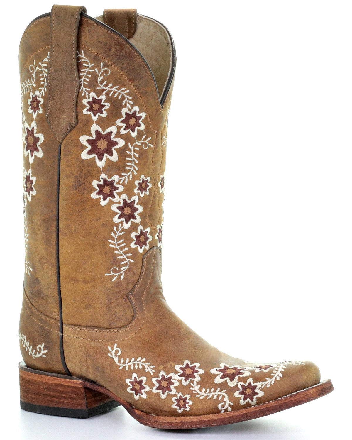 L5382 Women's Tan Floral Embroidery Western Boots - Comfortable Cowgirl Riding Boots for Country Dancing, Rodeo & Western Fashion