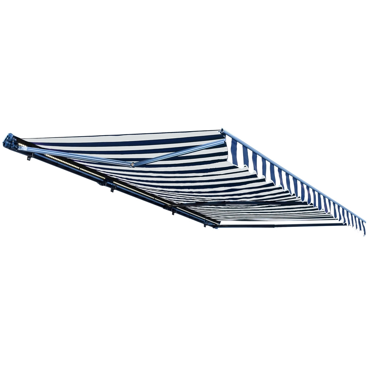 Aleko 20x10 Feet Half Cassette Motorized Retractable LED Patio Awning - Blue and White Stripes for Outdoor Shade and Relaxation