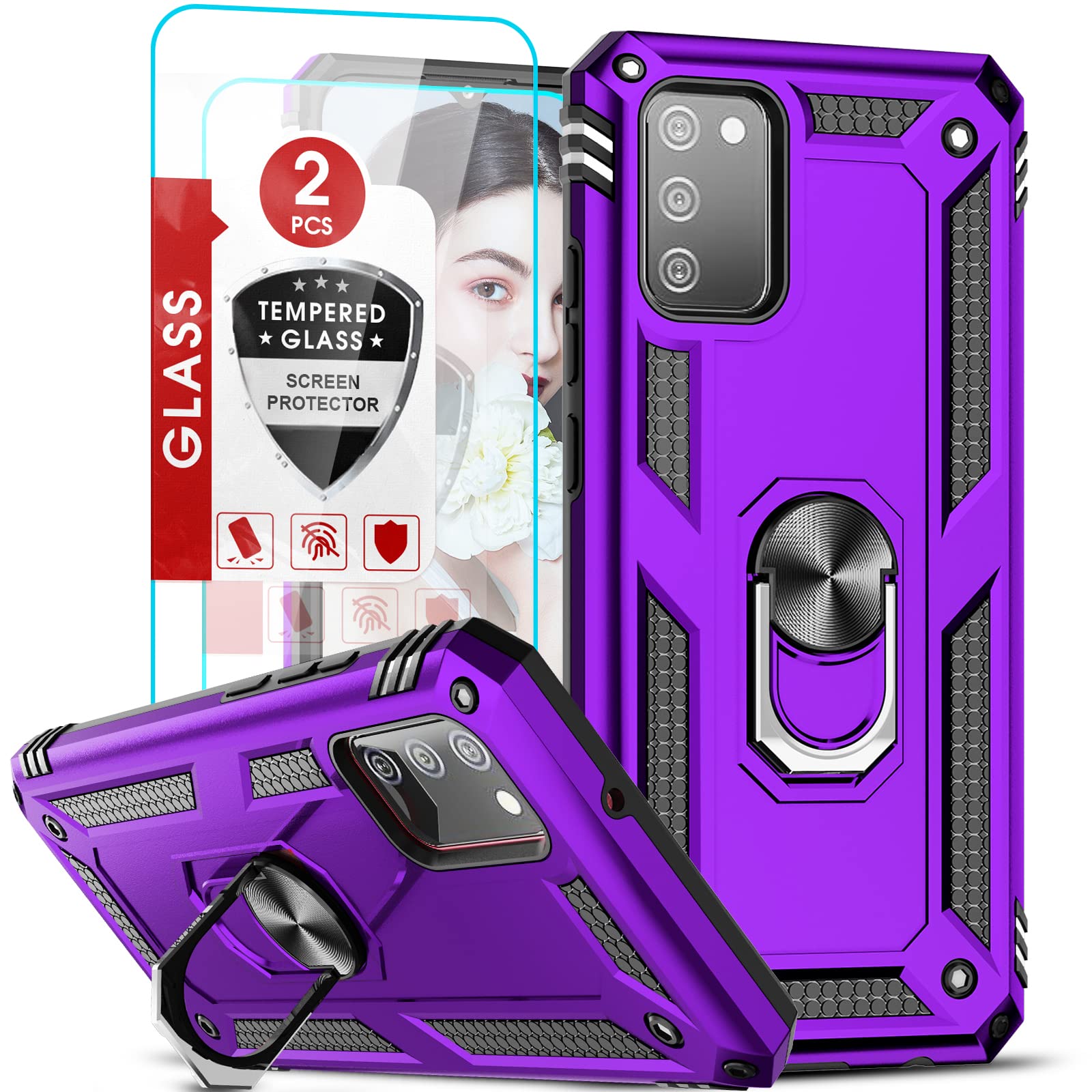 Samsung Galaxy A02S Phone Case with [2 Pack] Tempered Glass Screen Protector - Military-Grade Magnetic Ring Kickstand Cover (Purple) - Perfect for Daily Protection & Hands-Free Viewing