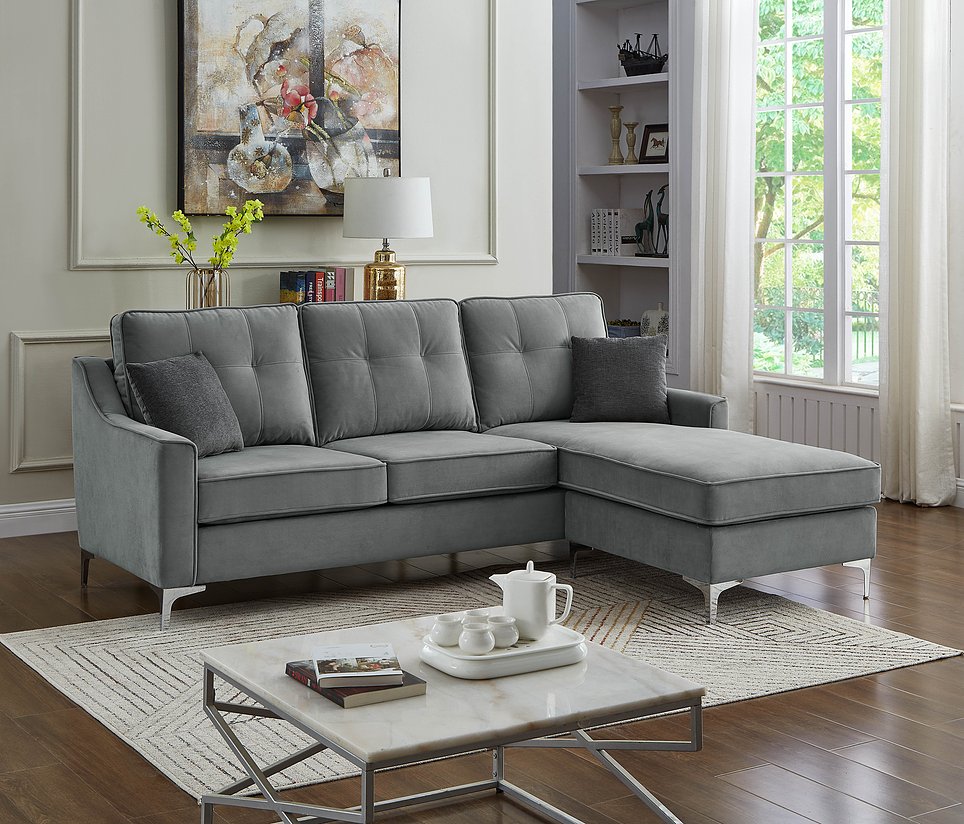 Reversible Grey Sectional Sofa with Button Tufting & Chrome Legs - Perfect for Living Room, Lounge & Home Theater Seating
