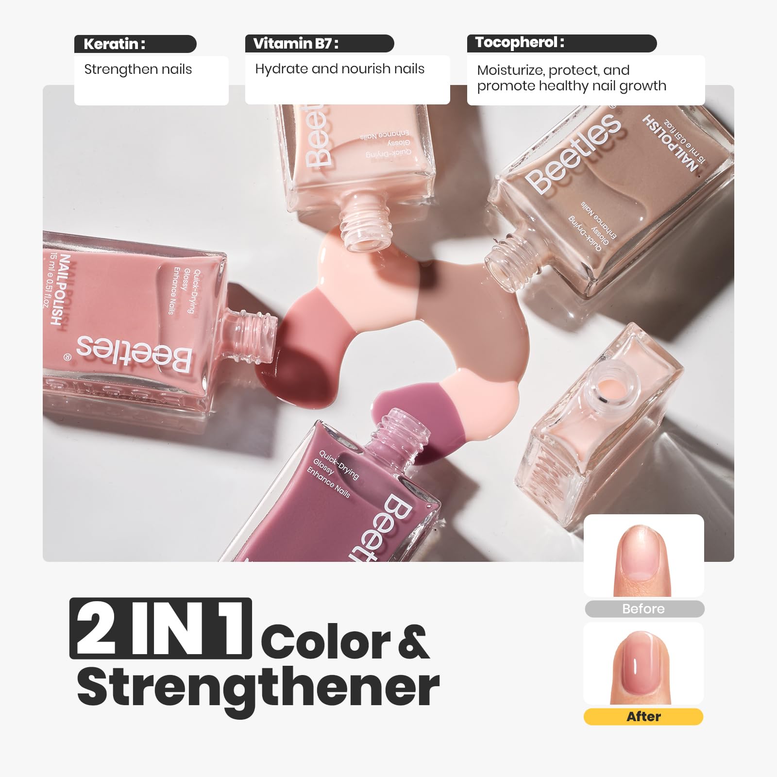 Beetles Pink Nail Polish Set - 5 Colors Nude Pink Jelly Collection with Quick Dry Long Lasting Formula, Base & Top Coat, Cuticle Serum Kit | Spring DIY Nail Care, Home Manicure Gift for Women | Perfect for Parties, Weddings, and Everyday Wear