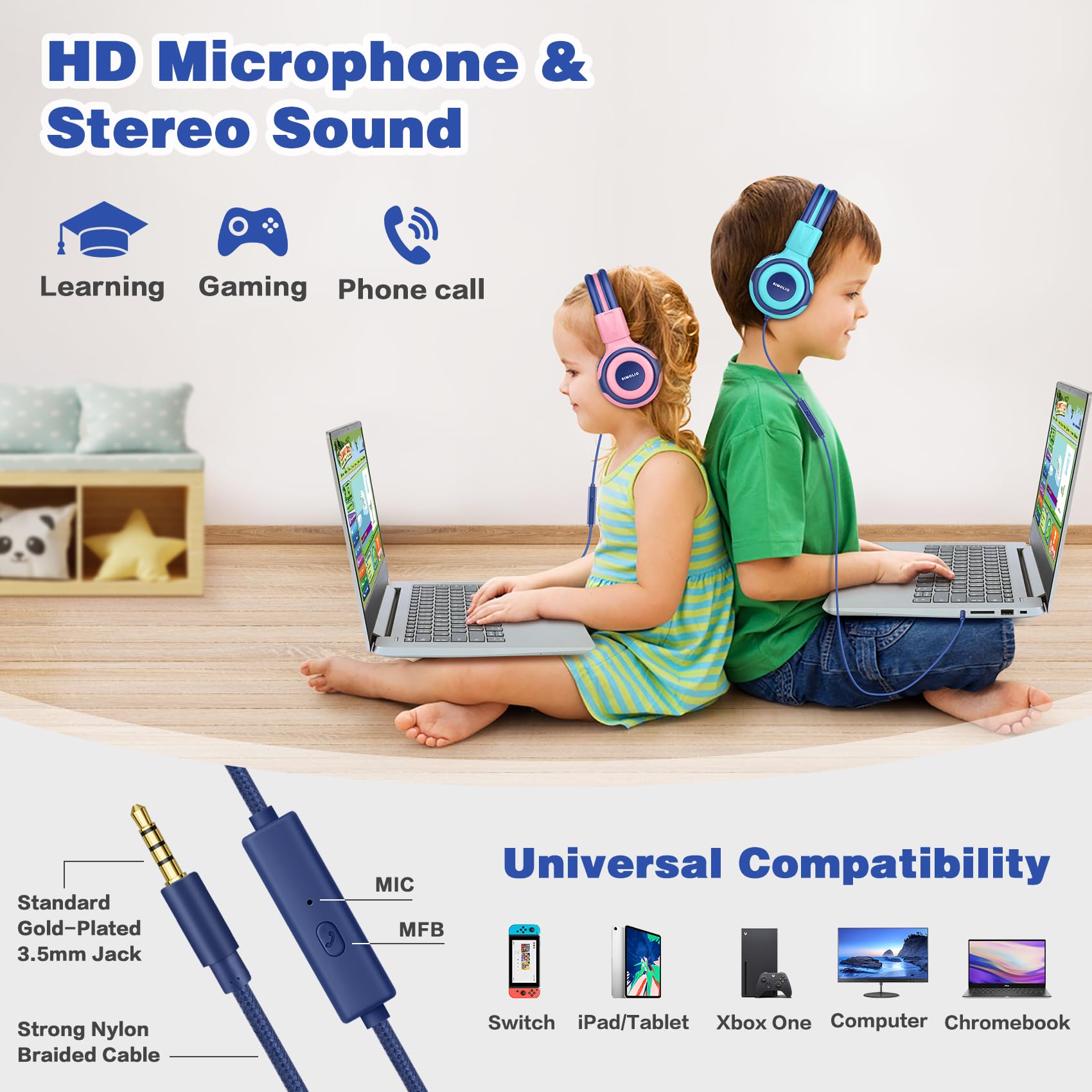 SIMOLIO Volume Limited Kids Headphones with Microphone & Share Port - 75-85-94dB Safe Sound Level, Wired Children Headset for Boys Girls - Perfect for School, Travel, Online Learning & Gaming