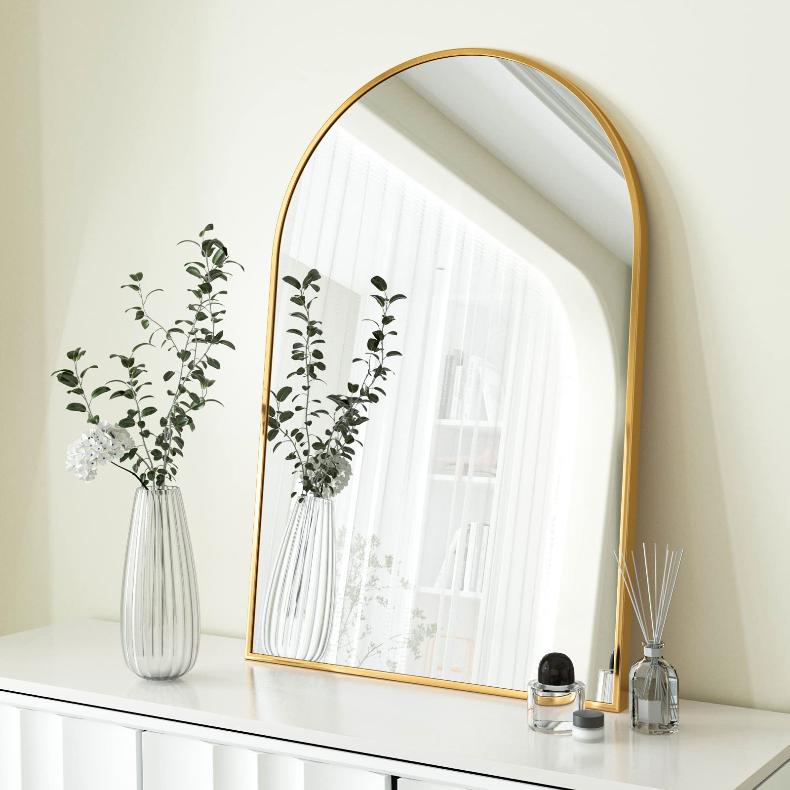 HARRITPURE 28x36 Inch Gold Arch Mirror - Wall Mounted Bathroom Vanity Mirror with Metal Frame for Bedroom, Living Room & Entryway - Perfect for Makeup, Home Decor and Space Illusion